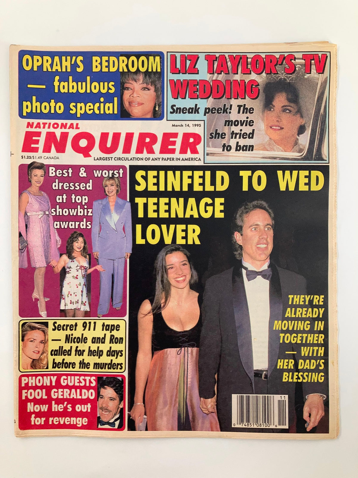 National Enquirer Magazine March 14, 1995 cover featuring Oprah Winfrey, Elizabeth Taylor, and segments on celebrity news including Seinfeld's romantic life and notable red carpet fashion.