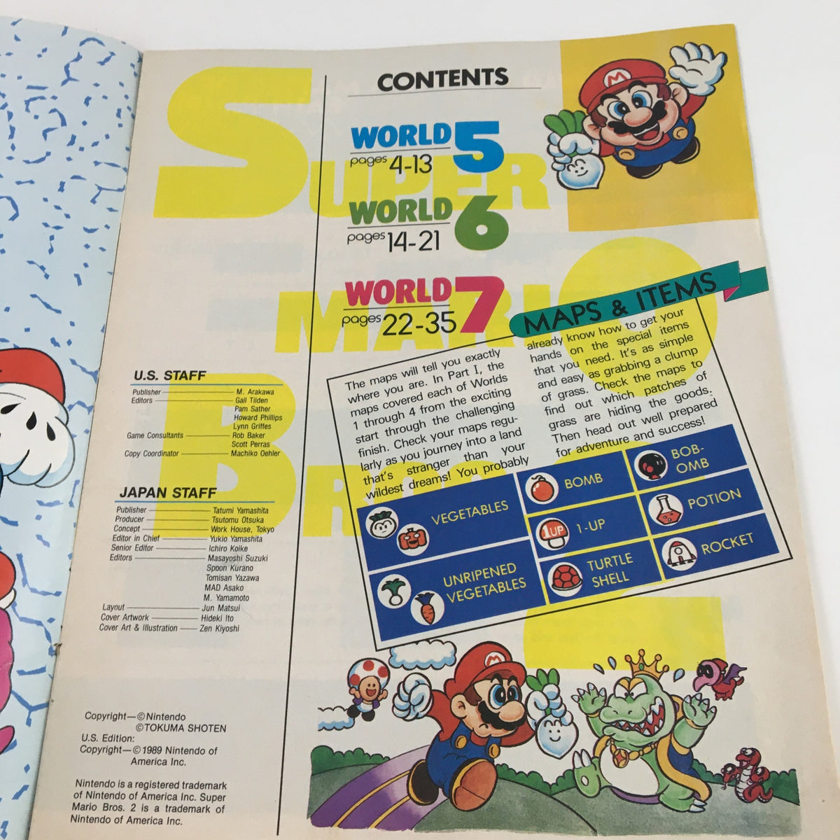 Contents page of Nintendo Power Magazine 1989 Super Mario Bros 2 Inside Out, listing game worlds and tips, featuring Mario and details about gameplay strategies.