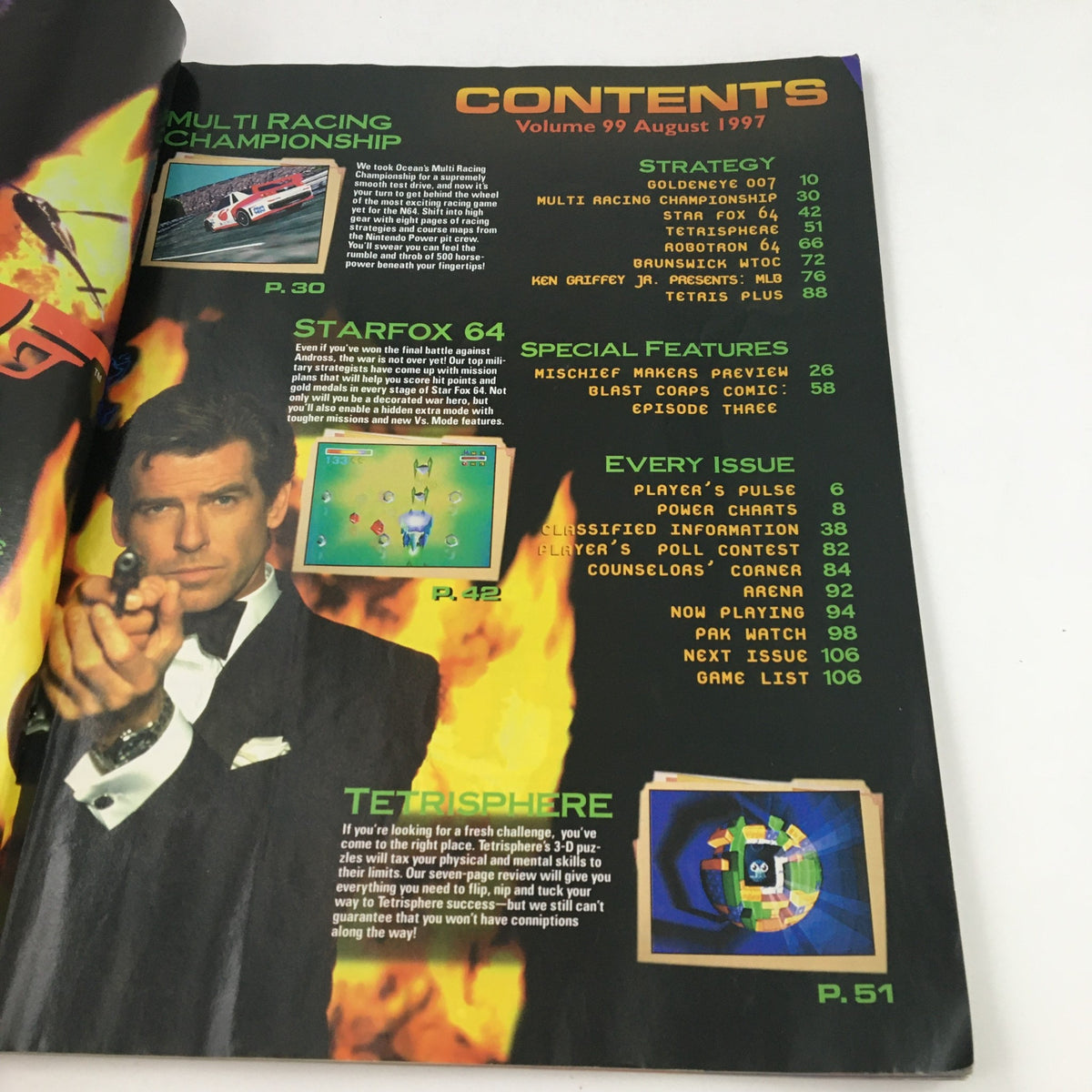 Contents page from Nintendo Power Magazine August 1997 detailing game strategies for GoldenEye 007, Star Fox 64, and other titles.