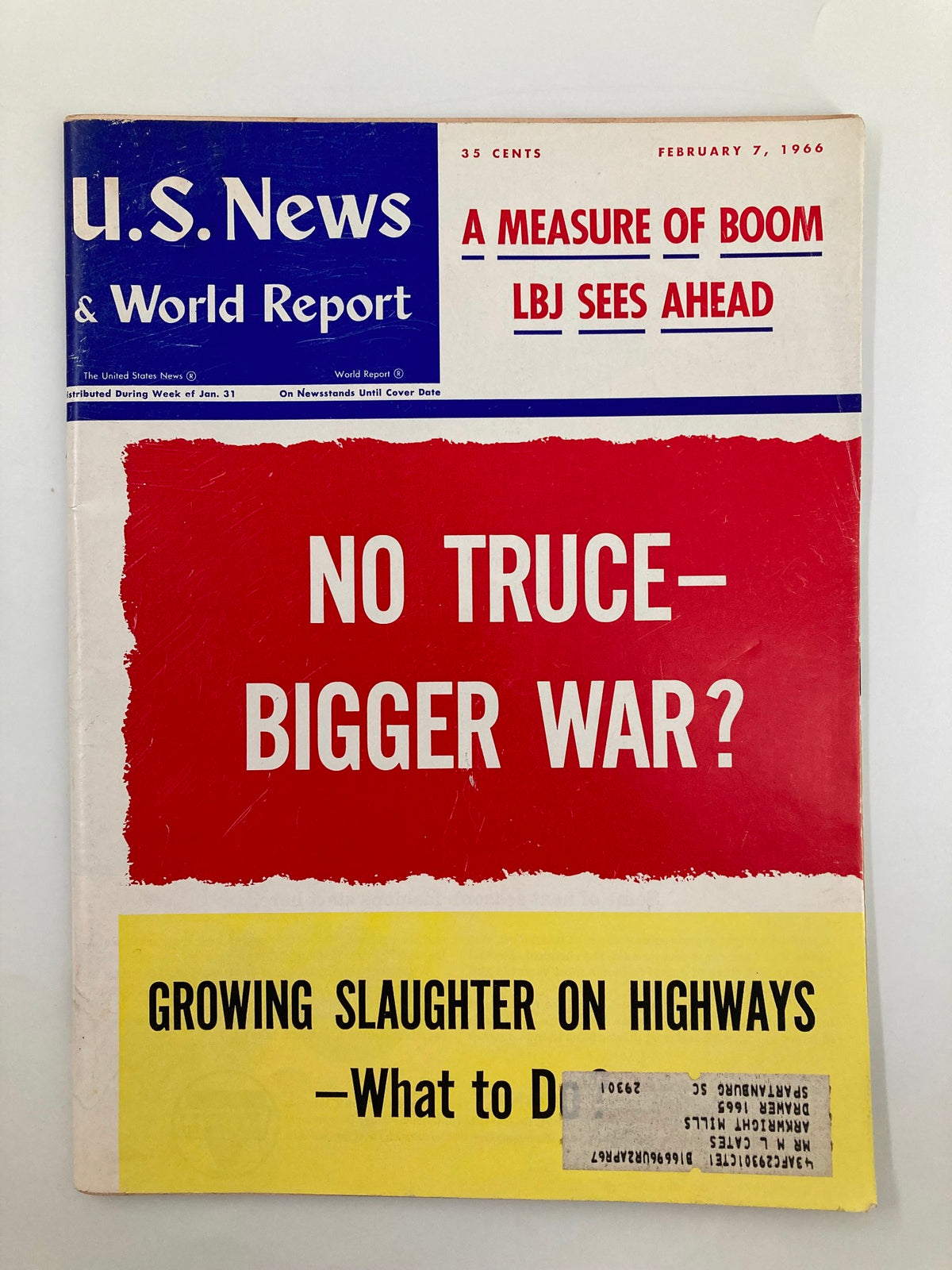 Vintage US News & World Report Magazine cover from February 7, 1966, featuring the title 'Growing Slaughter On Highways' and discussing traffic safety issues of the 1960s.