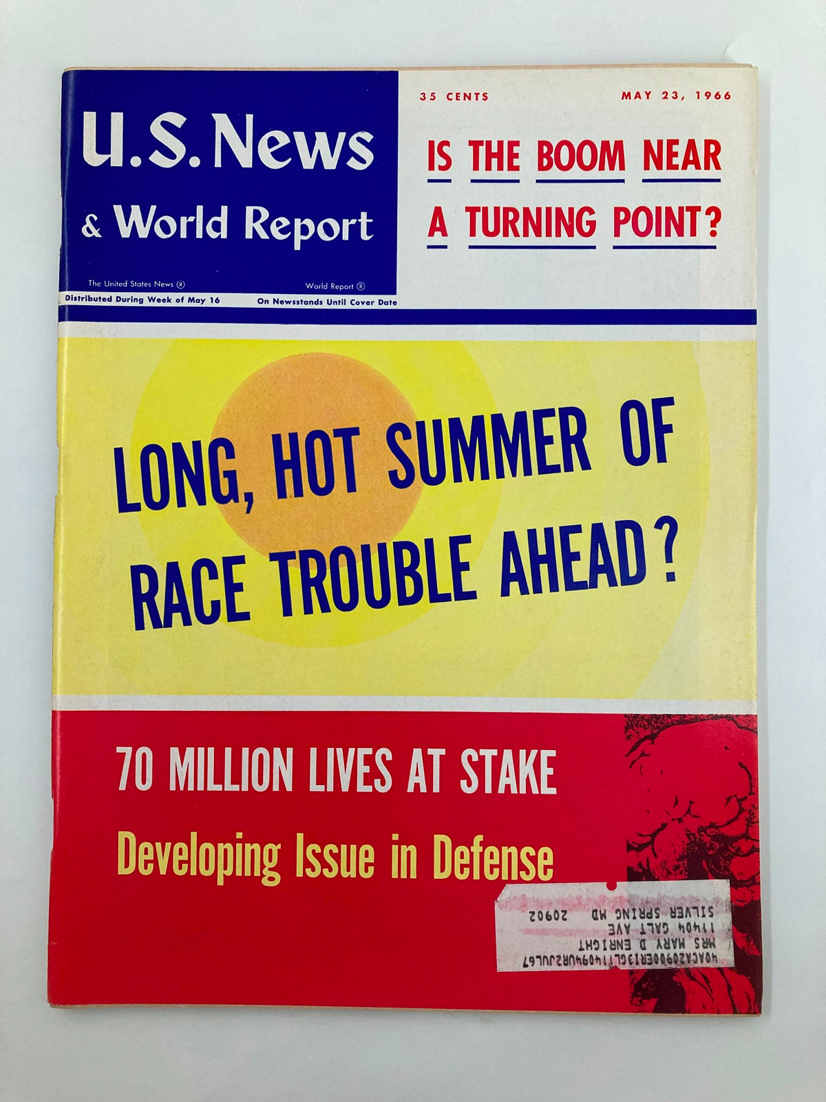 Cover of US News & World Report Magazine from May 23, 1966, titled '70 Million Lives at Stake,' featuring headlines about race trouble and a developing issue in defense.