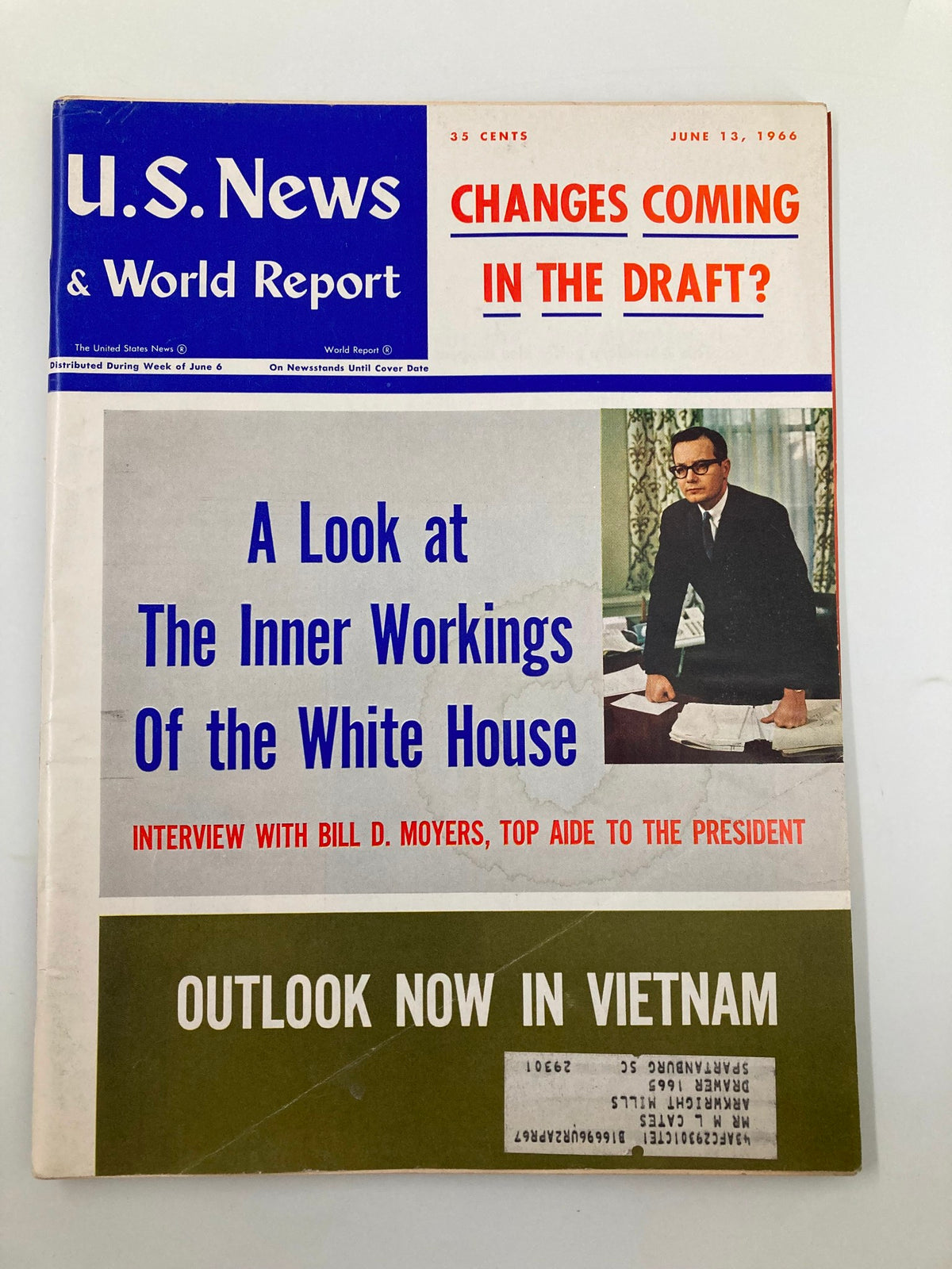 Cover of US News & World Report Magazine from June 13, 1966, featuring the headline 'Changes Coming In The Draft?' with an article titled 'A Look at The Inner Workings Of the White House' including an interview with Bill D. Moyers.