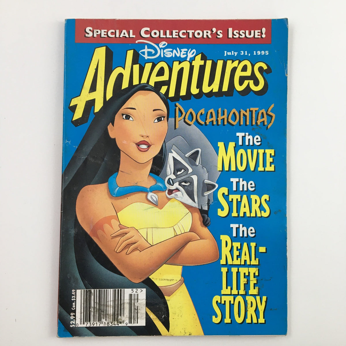 Disney Adventures Magazine cover from July 31, 1995, featuring Pocahontas with a raccoon, highlighting 'The Movie', 'The Stars', and 'The Real-Life Story'.