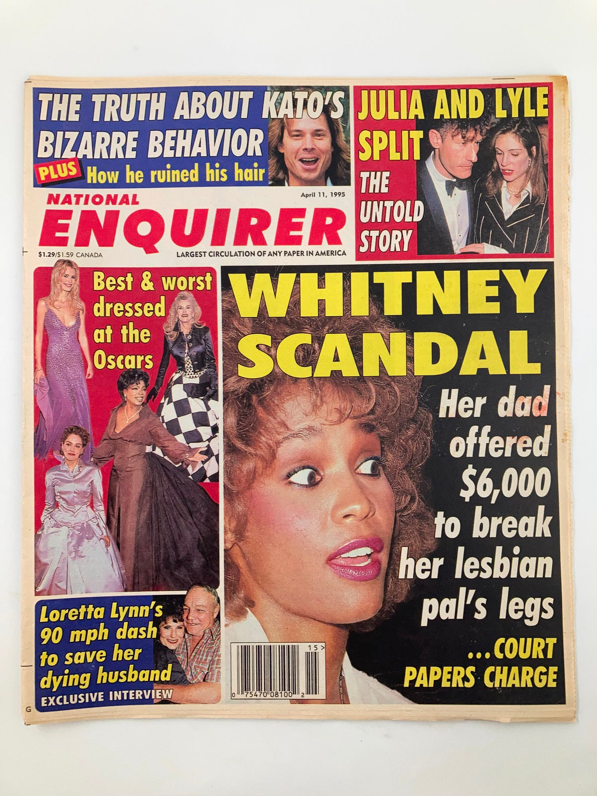 Cover of the National Enquirer Magazine from April 11, 1995, featuring prominent stories including Whitney Houston's scandal and Loretta Lynn's exclusive interview. The magazine highlights 90s pop culture and celebrity news, making it a collectible item for fans of vintage magazines.