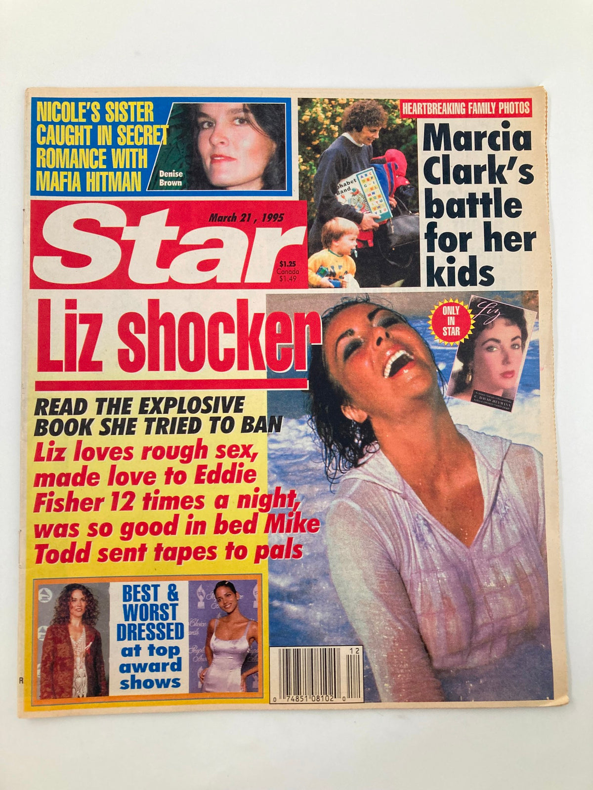 Star Tabloid Magazine cover from March 21, 1995, showcasing Liz Taylor with sensational headlines, including Marcia Clark's story and celebrity fashion features.