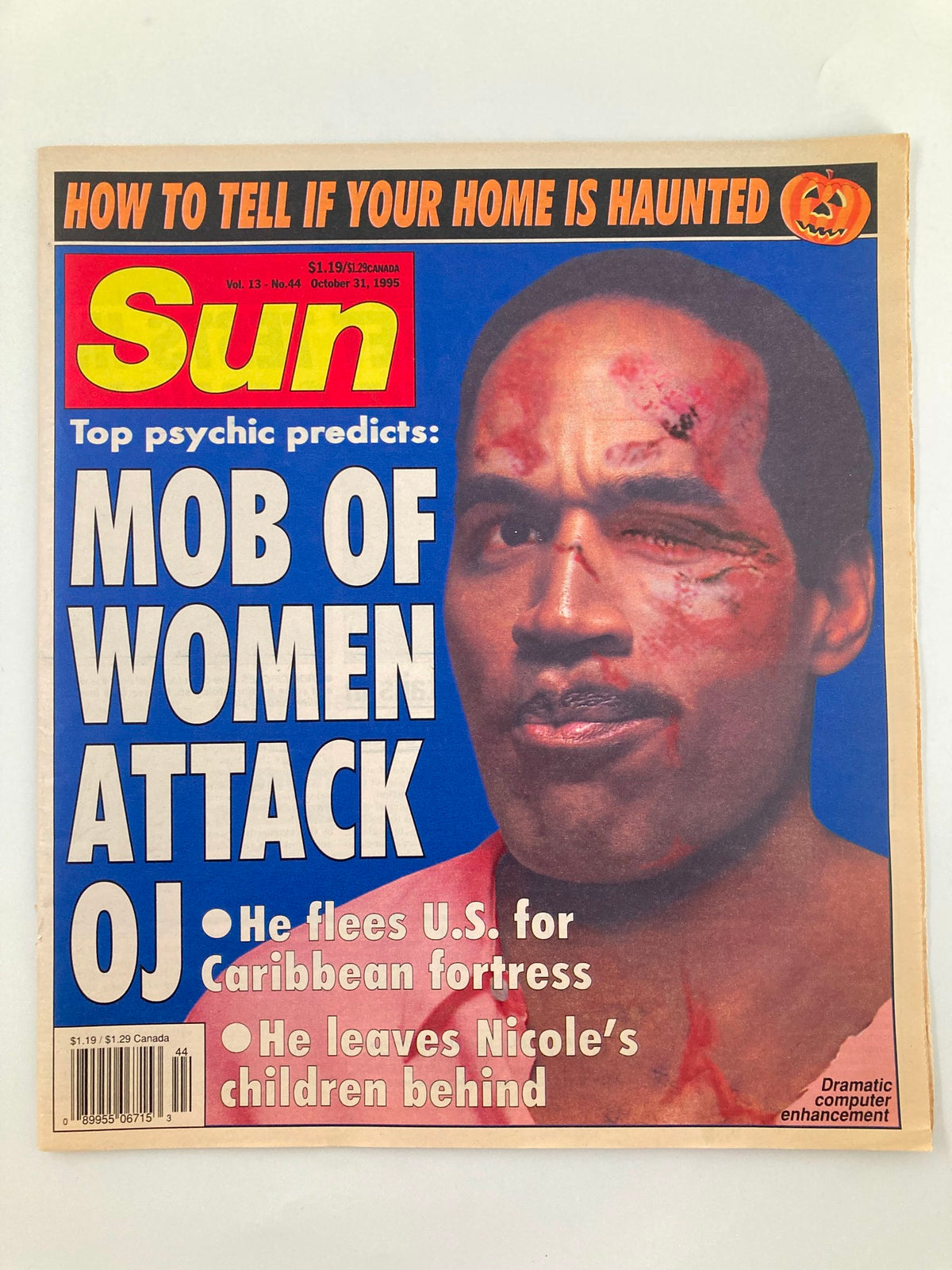 Cover of Sun Magazine from October 31, 1995, featuring the headline 'Mob of Women Attack OJ Simpson,' depicting a dramatic image of OJ Simpson with injuries. This vintage magazine captures a significant moment in the 1990s cultural landscape.