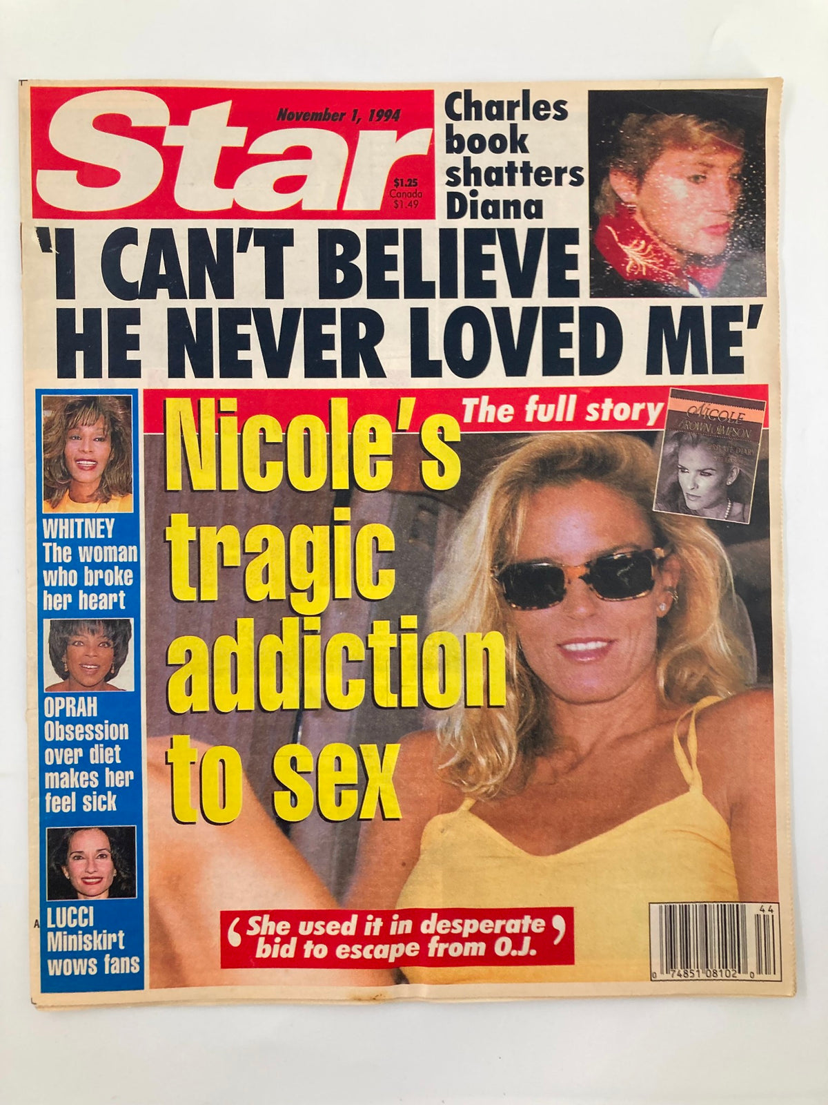 Cover of Star Tabloid Magazine from November 1, 1994, featuring headlines on Whitney Houston, Nicole's tragic addiction to sex, and Charles book shattering Diana. The magazine highlights iconic celebrities of the early 90s, making it a collectible issue.