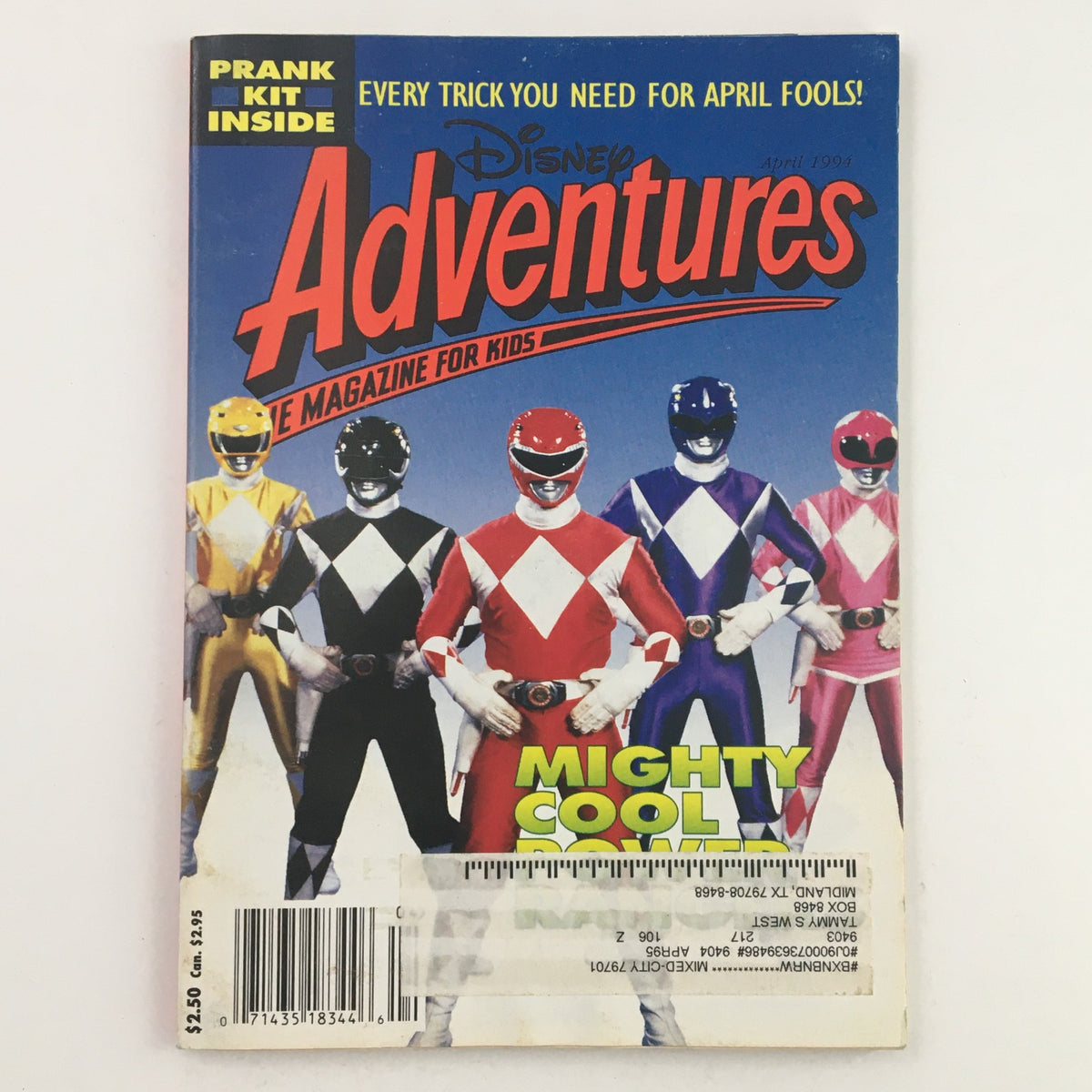 Cover of Disney Adventures Magazine April 1994 featuring the Superhero Television Series Power Rangers, showcasing the vibrant costumes of the Yellow, Black, Red, Blue, Pink, and White Rangers, highlighting nostalgia for the 90s pop culture.