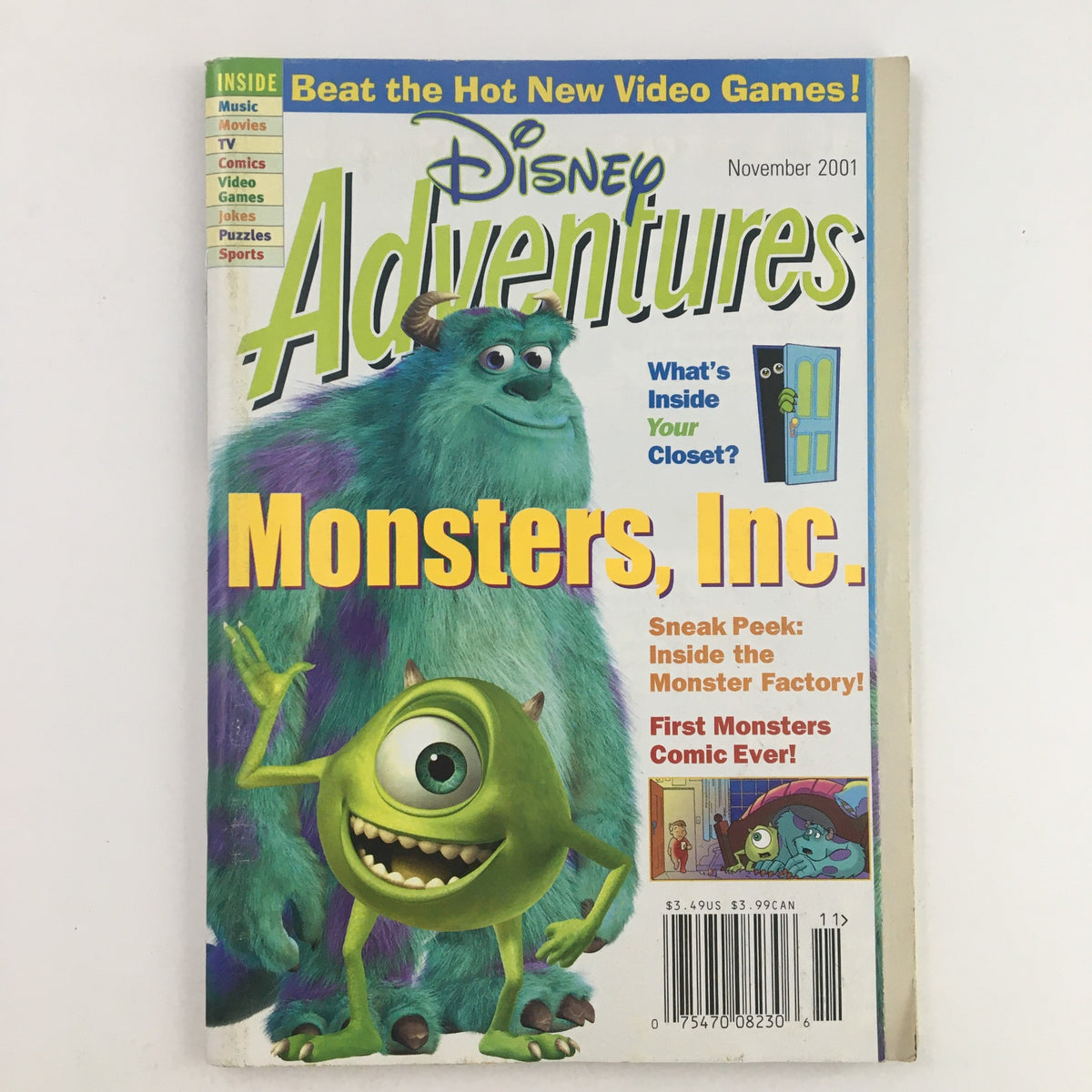 Cover of Disney Adventures Magazine November 2001 featuring a sneak peek of Monsters, Inc. The colorful illustration includes characters Sulley and Mike, promoting the monster movie and showcasing playful graphics.
