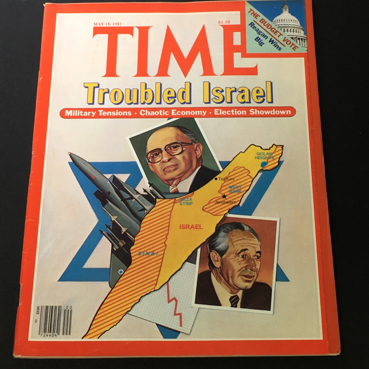 Cover of Time Magazine from May 18, 1981 featuring the title 'Troubled Israel', highlighting military tensions, chaotic economy, and election showdown, including illustrations of Israeli leaders and a map of Israel.