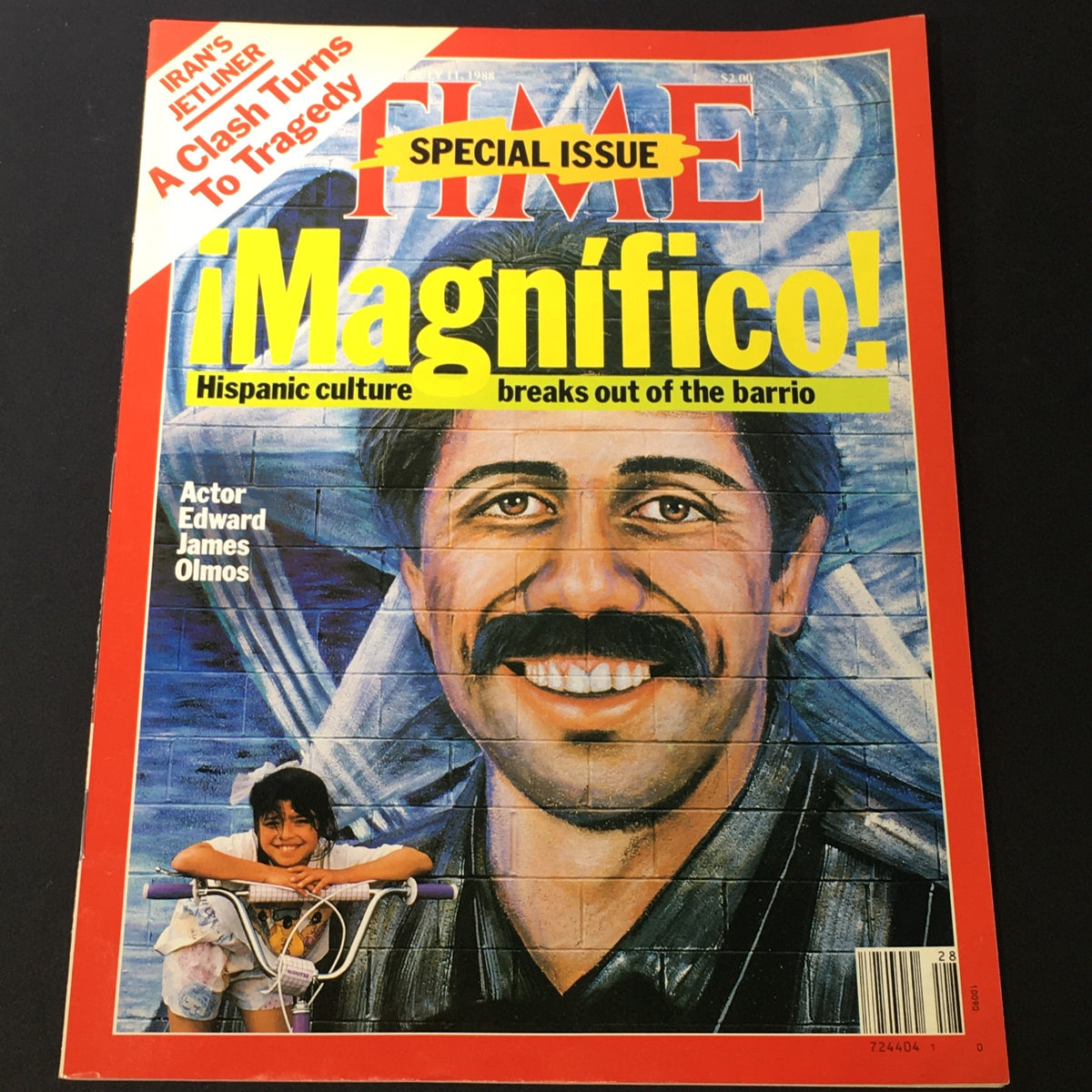 Cover of VTG Time Magazine from July 11, 1988, featuring actor Edward James Olmos with the title ¡Magnífico! Hispanic culture breaks out of the barrio.