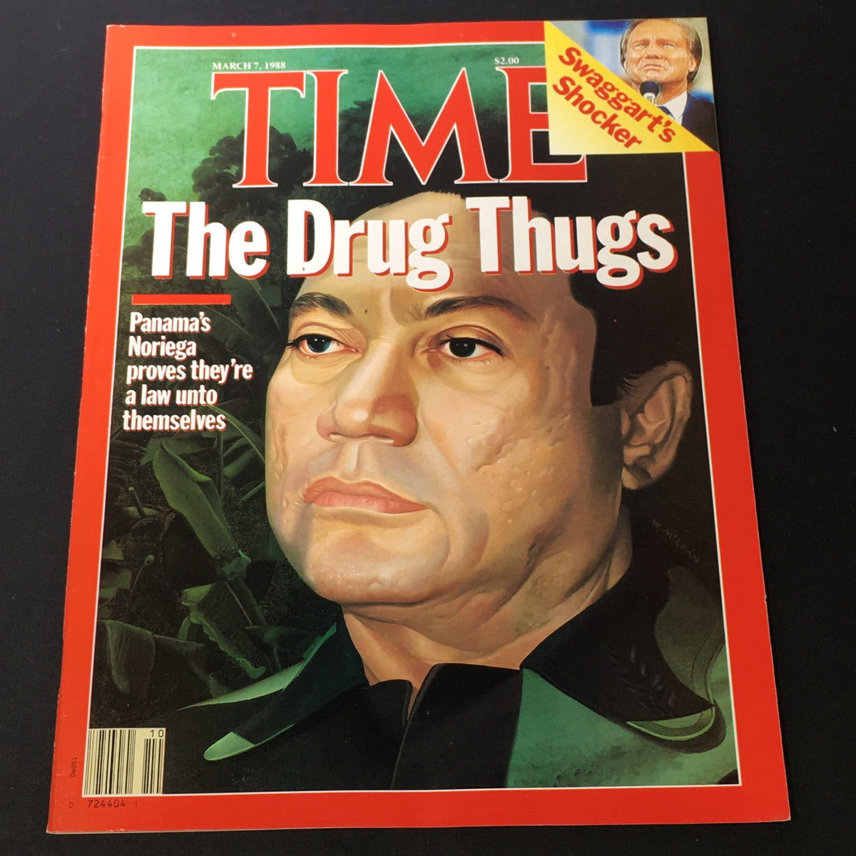 Cover of VTG Time Magazine from March 7, 1988 featuring the title 'The Drug Thugs' with an illustration of Manuel Noriega. The magazine highlights significant events in American journalism related to Noriega and Jimmy Swaggart, making it a collectible piece.