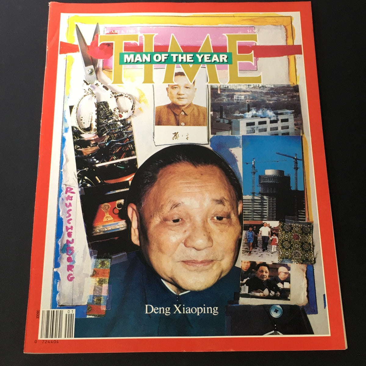 Vintage Time Magazine cover from January 8, 1986, featuring Deng Xiaoping as Man of the Year, showcasing a collage of images and colorful design elements.