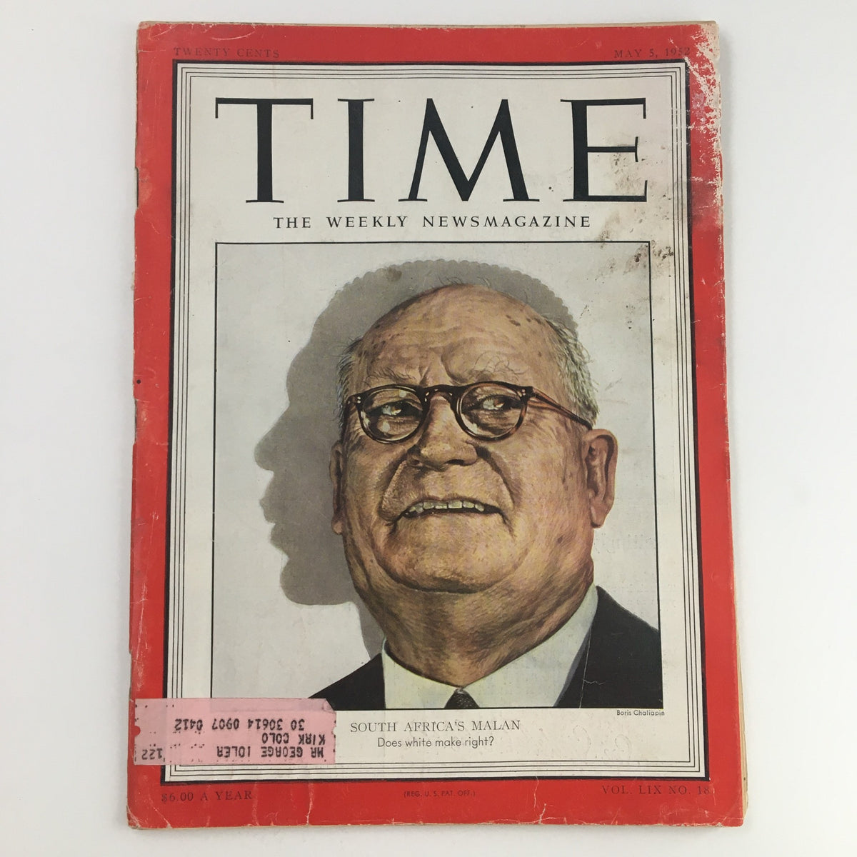 Time Magazine May 5 1952 Vol LIX No. 18 featuring a portrait cover of South Africa's Prime Minister Daniël François Malan, showcasing the magazine's vintage design.