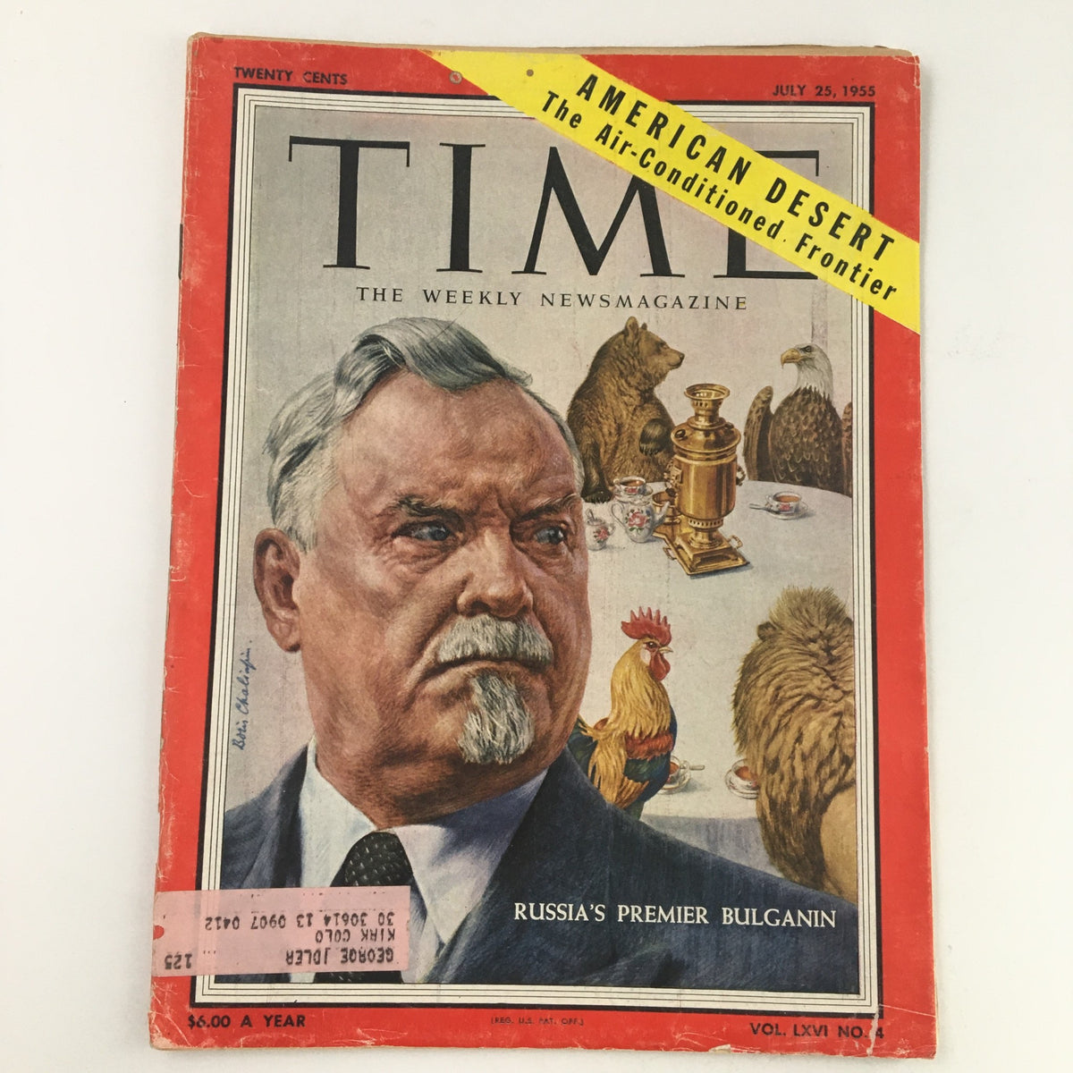 Cover of Time Magazine dated July 25, 1955, featuring Russia's Premier Nikolai Bulganin. The cover displays a prominent image of Bulganin along with artistic elements and the title 'TIME' at the top.