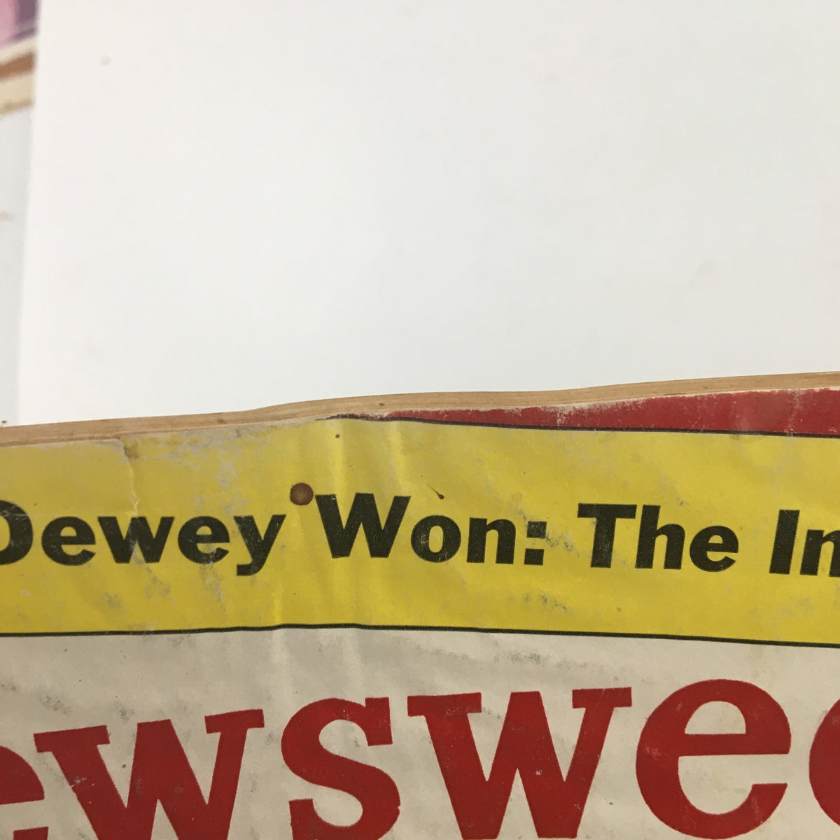 Detailed view of the headline on Newsweek Magazine July 5 1948, 'How Dewey Won: The Inside Story'.