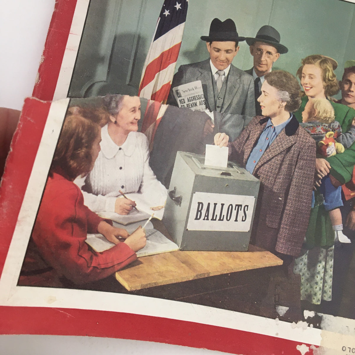 Detailed view of the cover of Newsweek Magazine November 8, 1948 showcasing a ballot box and individuals participating in the election, highlighting historical voting themes.
