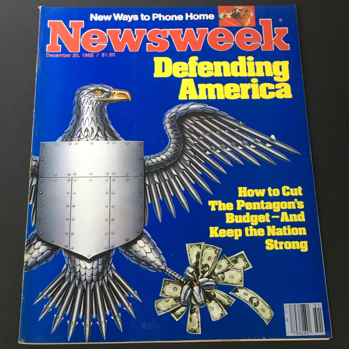 Cover of VTG Newsweek Magazine December 20 1982 featuring the title 'Defending America', depicting a fierce eagle with a shield and money, exploring the Pentagon's budget discussions.