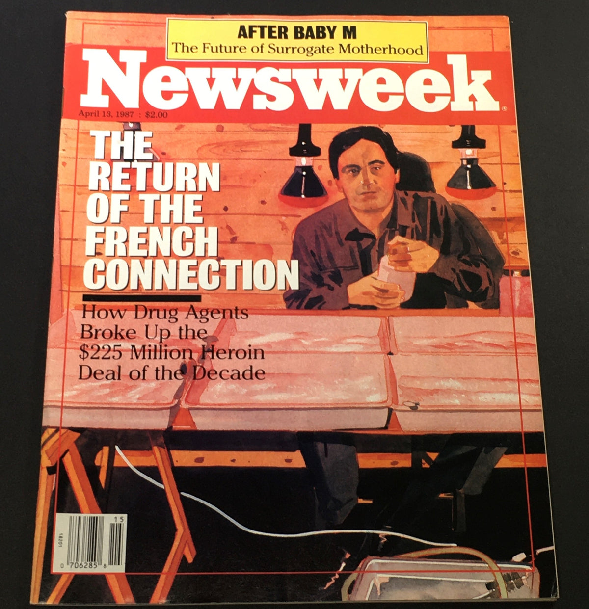 Vintage Newsweek magazine cover from April 13, 1987, featuring the article 'The Return of The French Connection' discussing drug agents and a significant heroin deal.