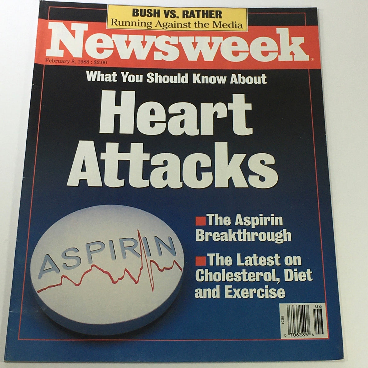 VTG Newsweek Magazine February 8 1988 featuring the cover story 'Bush vs. Rather - Running Against the Media', with insights on heart attacks and the aspirin breakthrough.