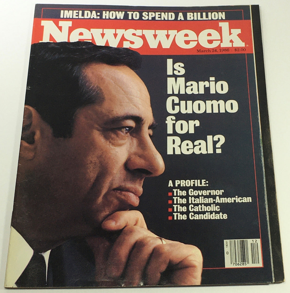 Vintage Newsweek magazine cover from March 24, 1986, featuring Mario Cuomo, the Italian-American governor of New York, with the headline 'Is Mario Cuomo for Real?' highlighting his political profile.