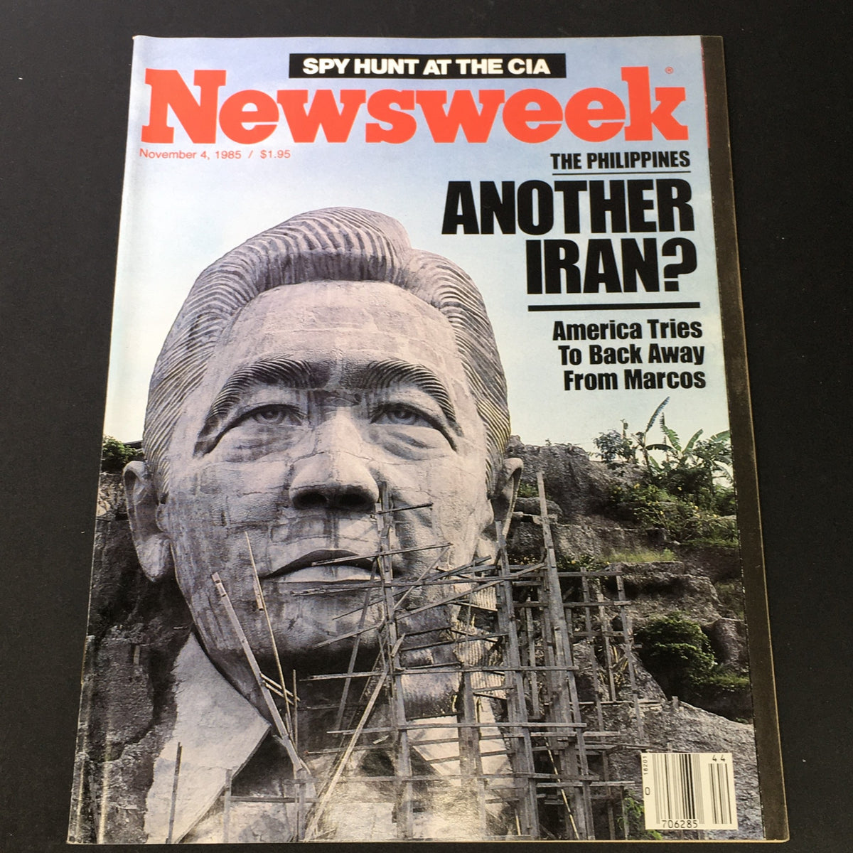 Cover of VTG Newsweek Magazine from November 4, 1985, featuring a sculpted portrait and the headline 'Another Iran? America Tries To Back Away From Marcos' alongside the subtitle 'Spy Hunt at the CIA'.