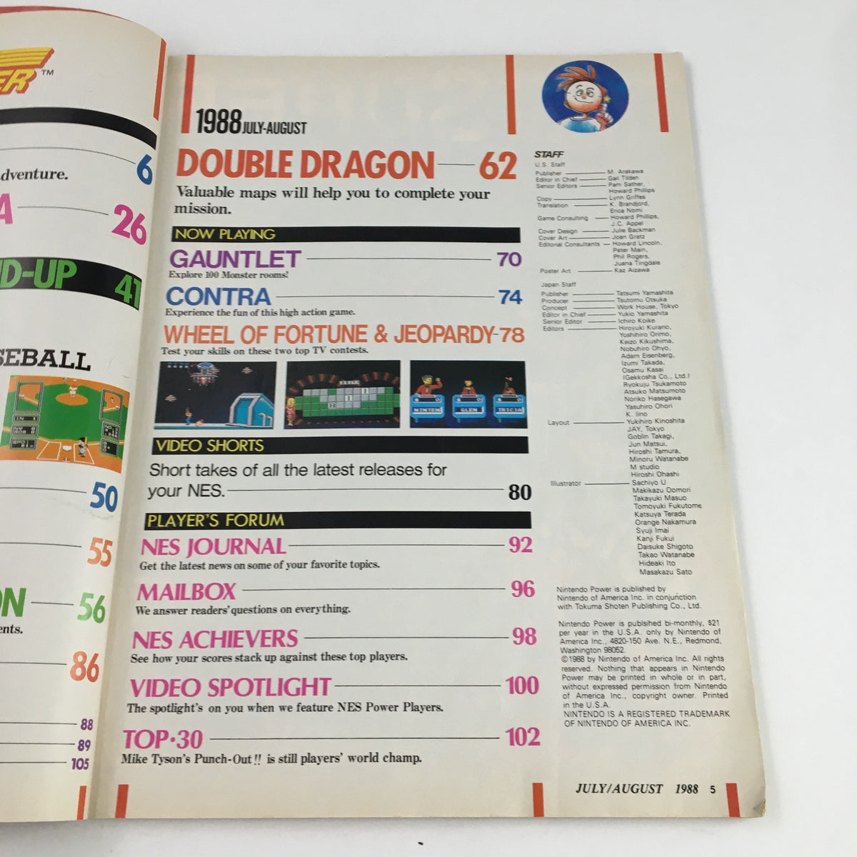 Page from Nintendo Power Magazine July 1988 showcasing the Double Dragon game section and staff credits.
