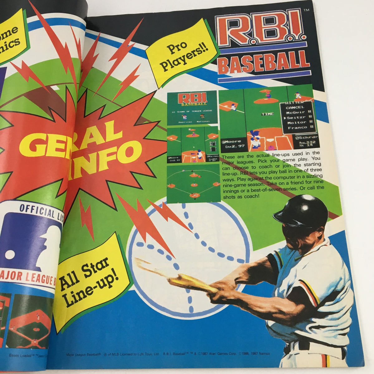 R.B.I. Baseball feature from Nintendo Power Magazine July 1988 highlighting game information and player strategies.