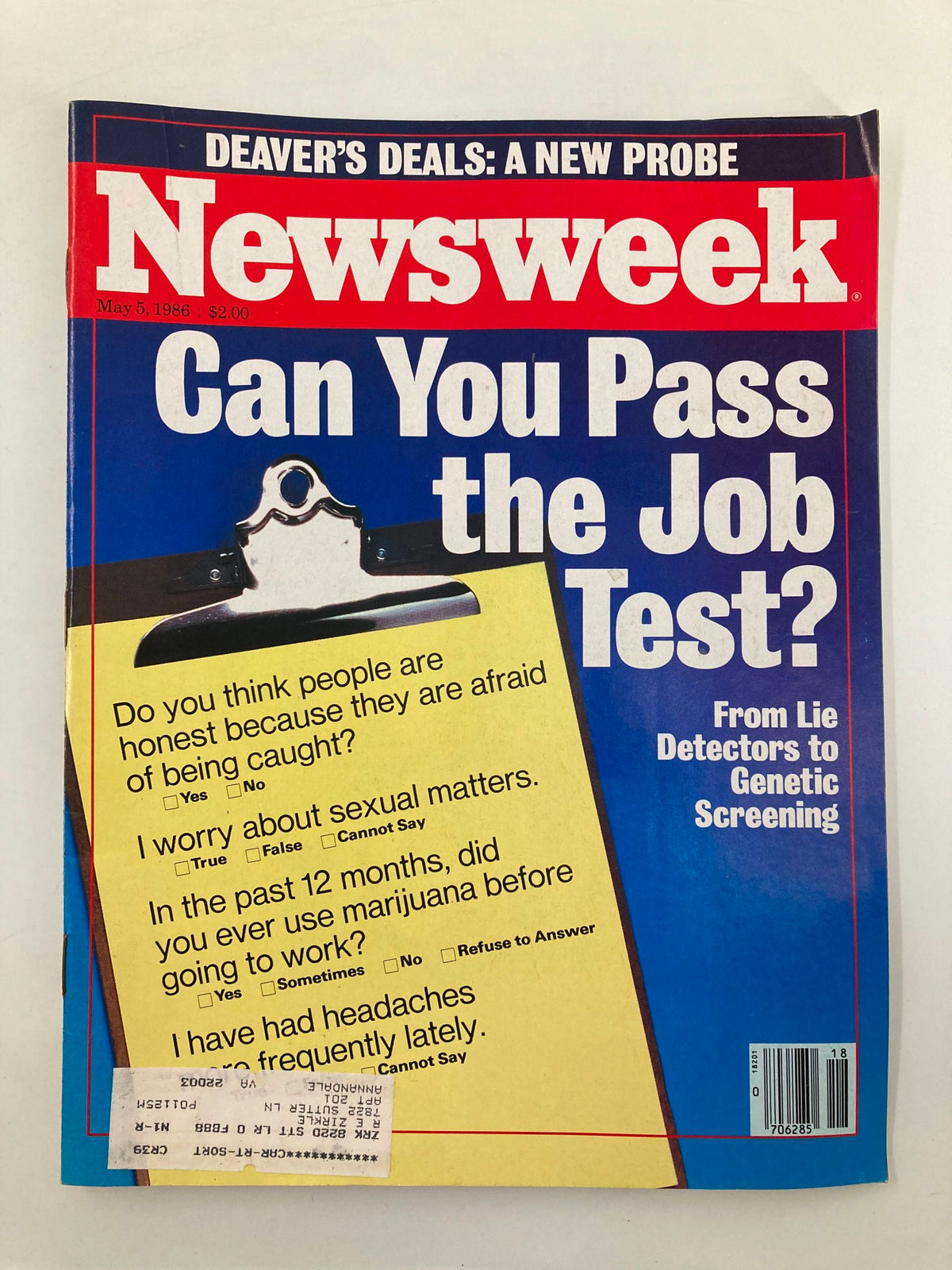VTG Newsweek Magazine from May 5, 1986, featuring the cover title 'Can You Pass the Job Test?' exploring employment testing and lie detection, with an engaging layout and vintage design.
