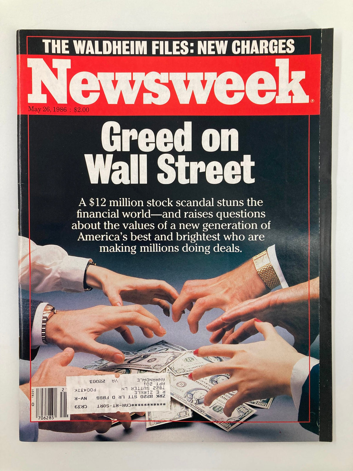 VTG Newsweek Magazine from May 26, 1986, featuring the title 'Greed on Wall Street' and covering the Waldheim Files with new charges. The cover illustrates hands exchanging money and emphasizes the financial scandal's impact on America's elite.
