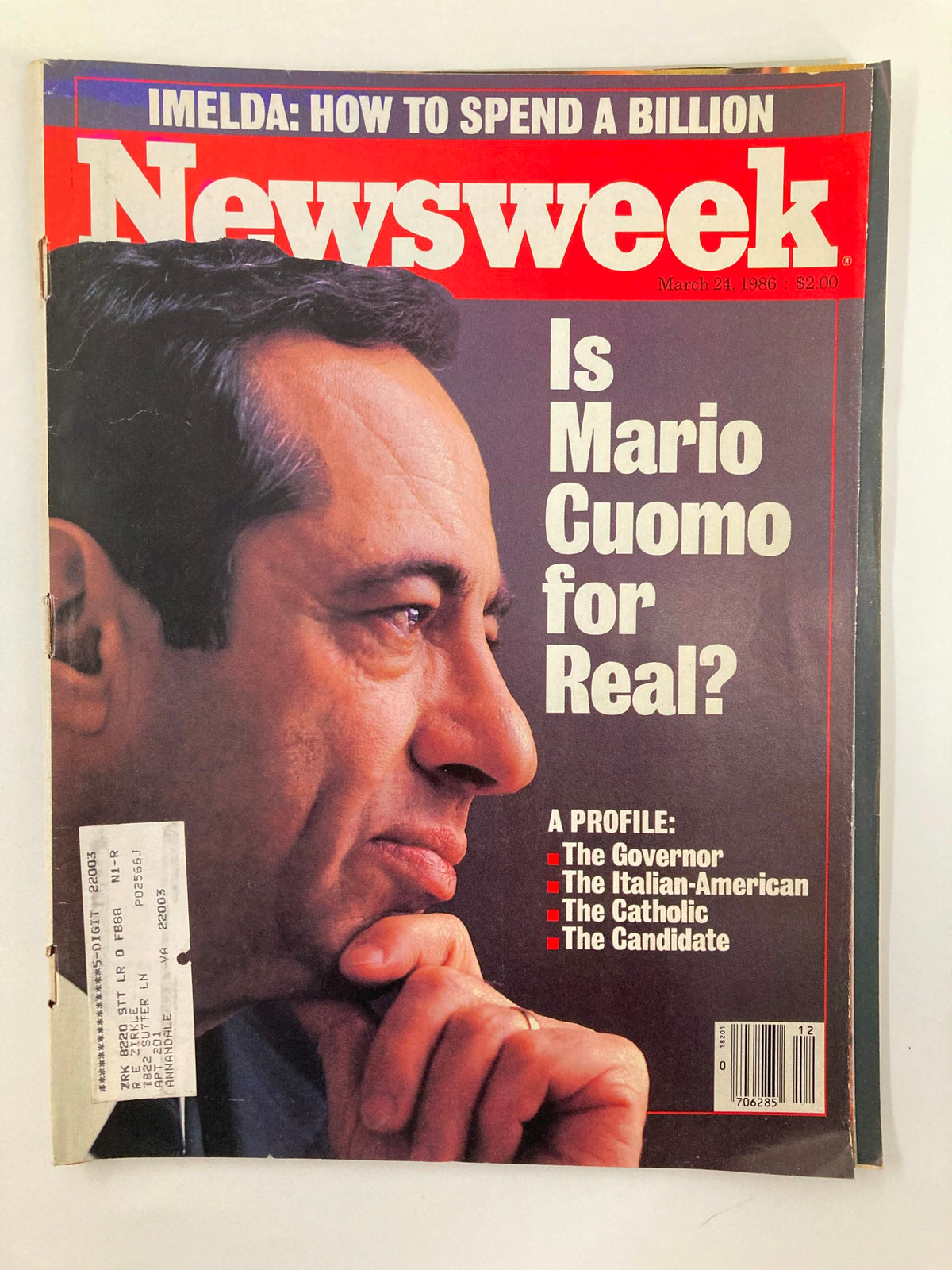 Cover of the vintage Newsweek magazine from March 24, 1986 featuring the title 'Is Mario Cuomo for Real?', showcasing a profile of Mario Cuomo, with headlines highlighting his roles and background.