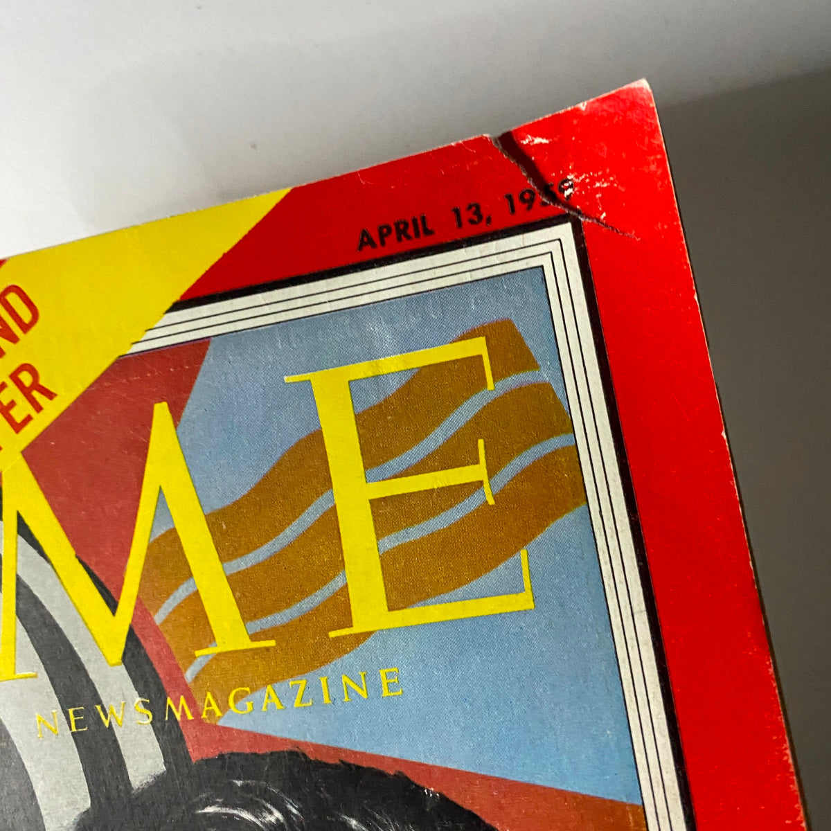 Close-up of the top of VTG Time Magazine April 13, 1959 showing the publication date and special introductory offer, highlighting its vintage appeal.