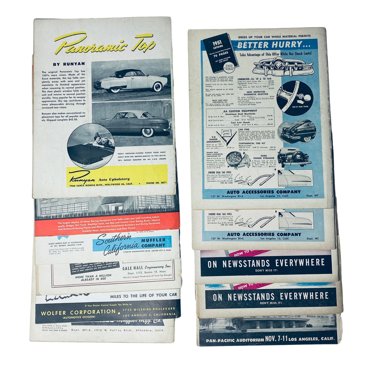 Lot of 11 Motor Trend Magazine 1951 January to November - Back cover examples highlighting automotive content and vintage promotional material.