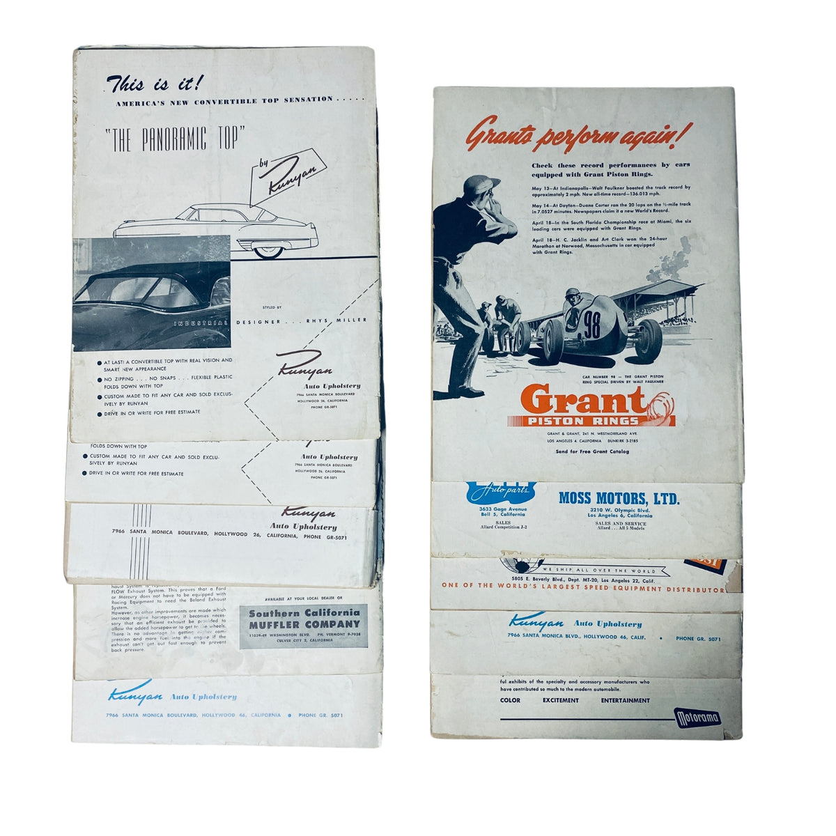 Back covers and advertisements from Motor Trend Magazine, featuring promotional content from the 1950s automotive industry.