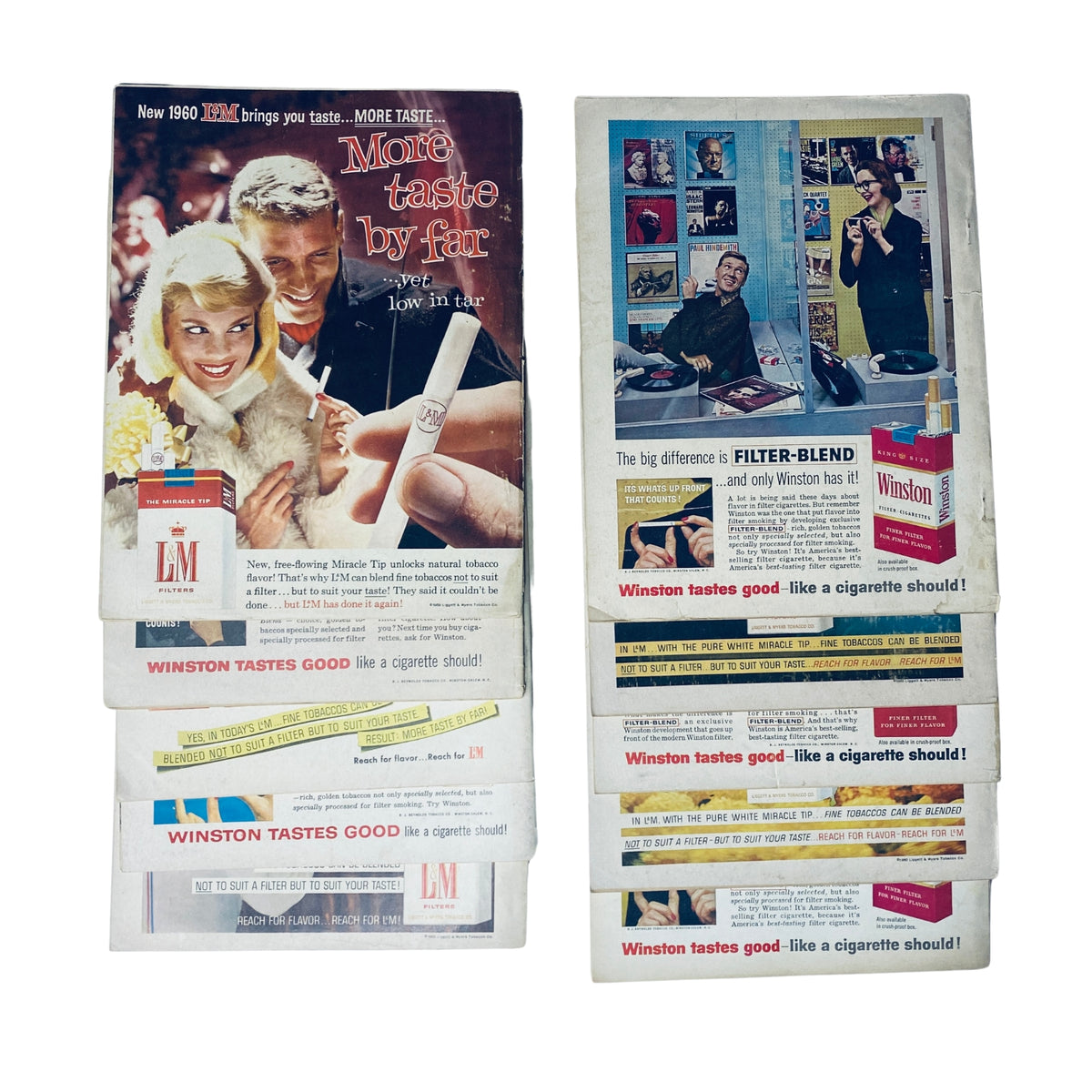 Collection of vintage advertisements, including Winston cigarette ads from 1960, showcasing retro marketing and design.