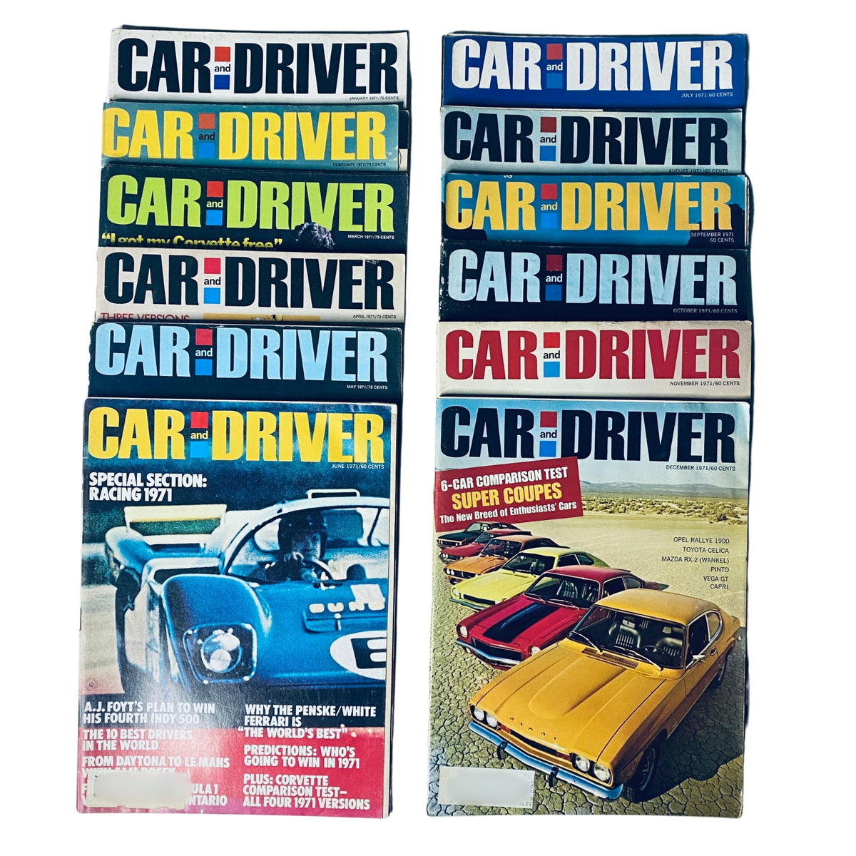 Lot of 12 Car and Driver Magazines from 1971, featuring vibrant covers showcasing automotive culture, muscle cars, and editorial themes from January to December.