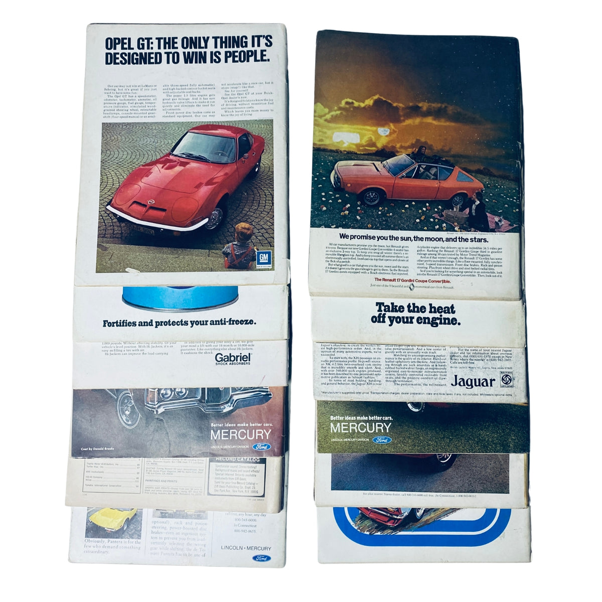 Back covers of 1971 Car and Driver Magazines displaying vintage advertisements for cars and automotive products, exemplifying the marketing style of the era.