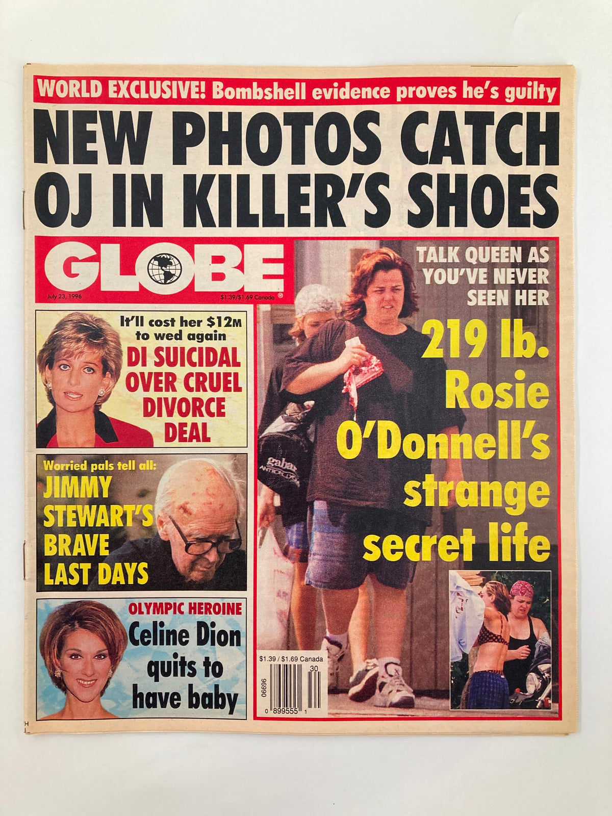 Globe Magazine cover from July 23, 1996, featuring Rosie O'Donnell and Celine Dion, with headlines about OJ Simpson and Princess Diana. Collectible vintage tabloid showcasing pop culture from the late '90s.