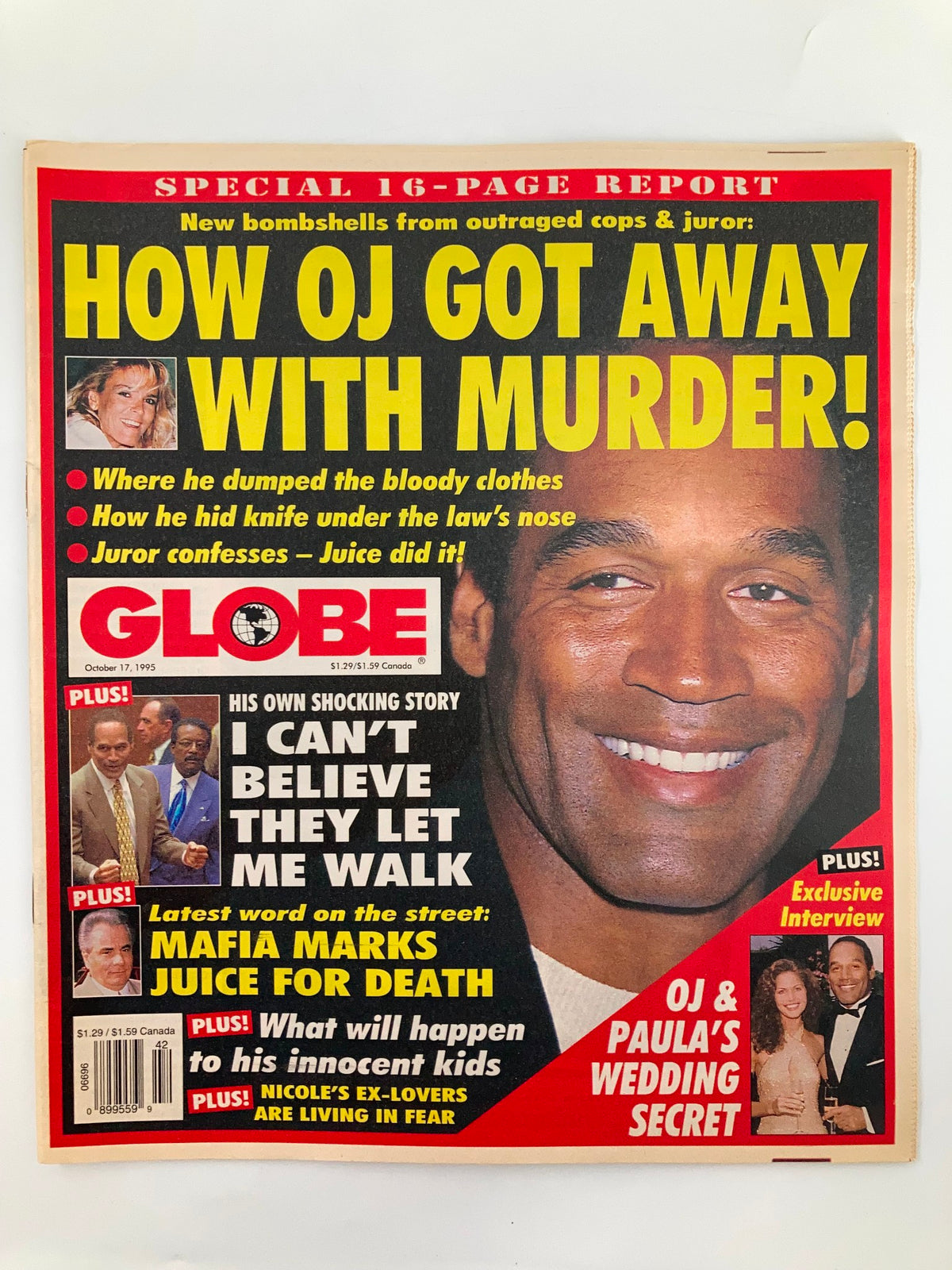Cover of Globe Magazine dated October 17, 1995, featuring the headline 'How OJ Simpson Got Away with Murder!' It includes additional articles on the OJ Simpson trial and images related to the case.