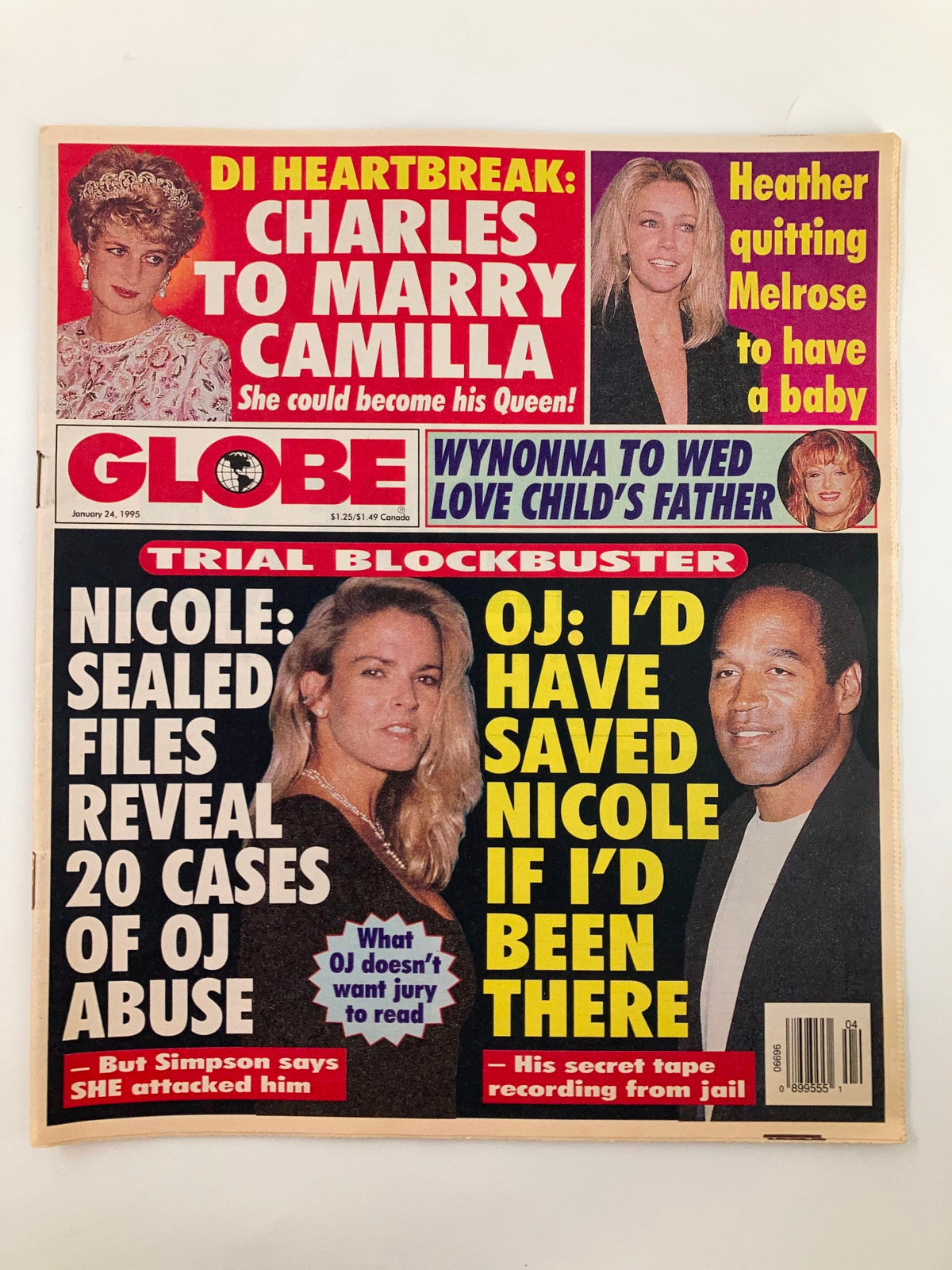Globe Magazine cover from January 24, 1995, featuring the headline 'Di Heartbreak: Charles to Marry Camilla,' alongside additional stories about O.J. Simpson and celebrity news, capturing a notable moment in tabloid history.