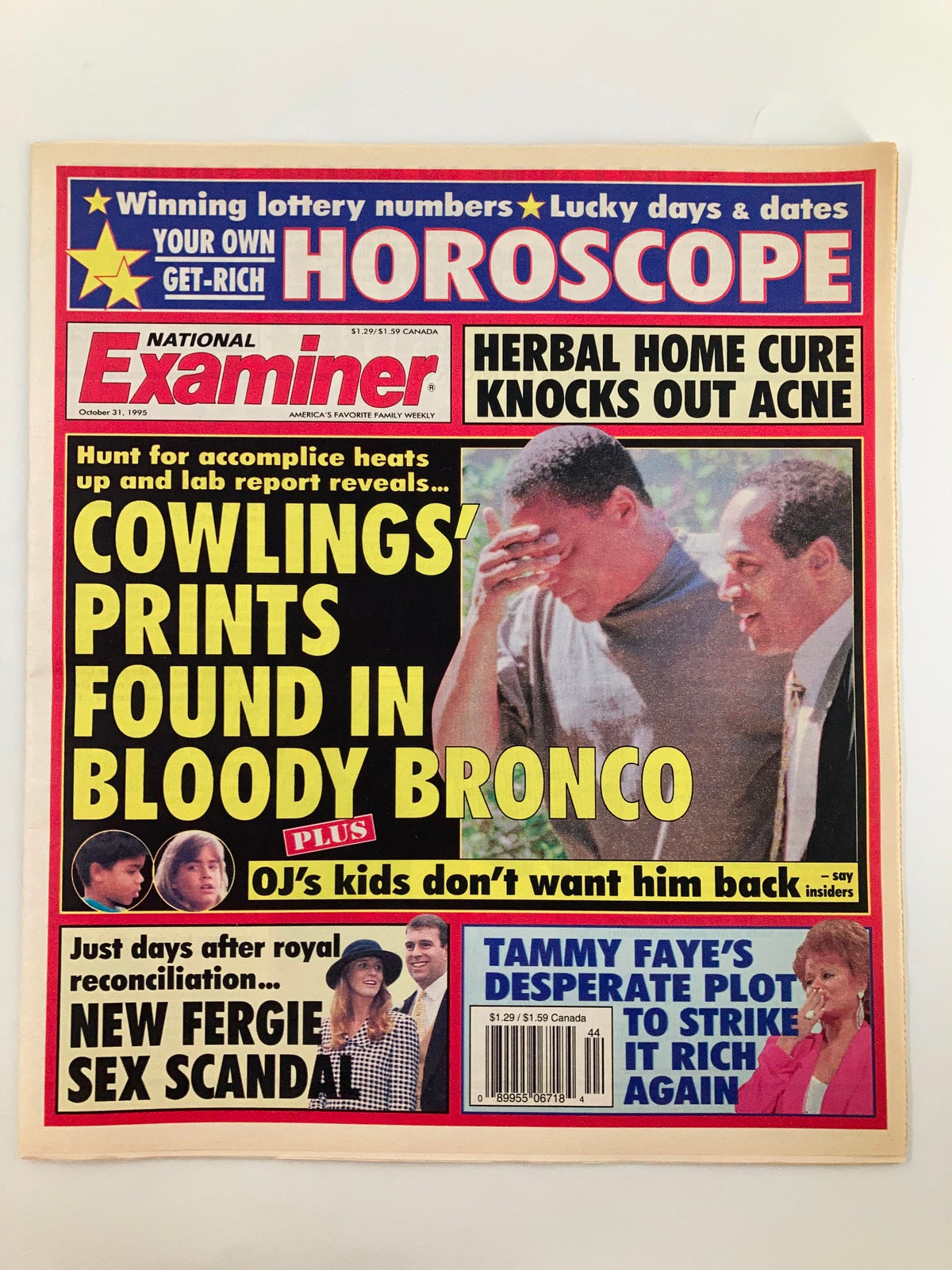 National Examiner October 31 1995 featuring headlines on Tammy Faye, OJ Simpson, and a horoscope section. The tabloid is in very good condition and comes with a protective covering.