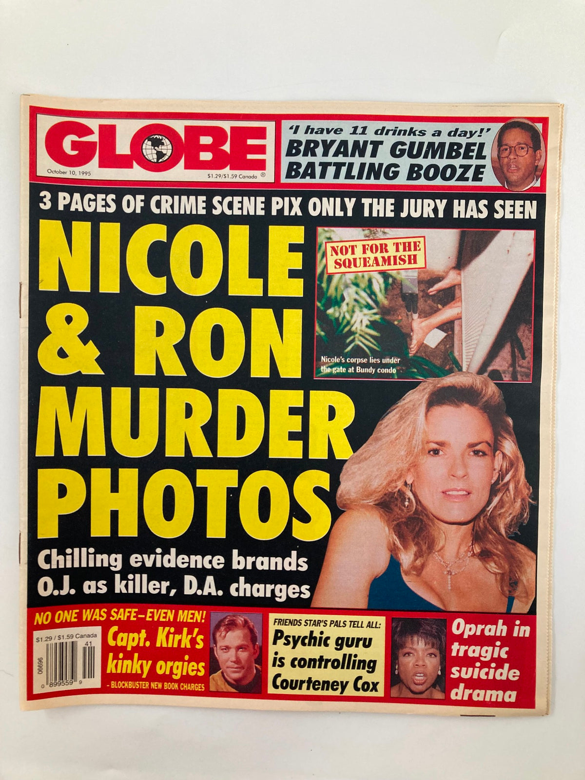 Cover of Globe Magazine, October 10, 1995, featuring bold headlines about Nicole Brown Simpson and Ron Goldman murder photos. Includes references to Oprah Winfrey and Bryant Gumbel discussing personal issues alongside a striking image of a blonde woman. Ideal for vintage magazine collectors who appreciate 90s pop culture.