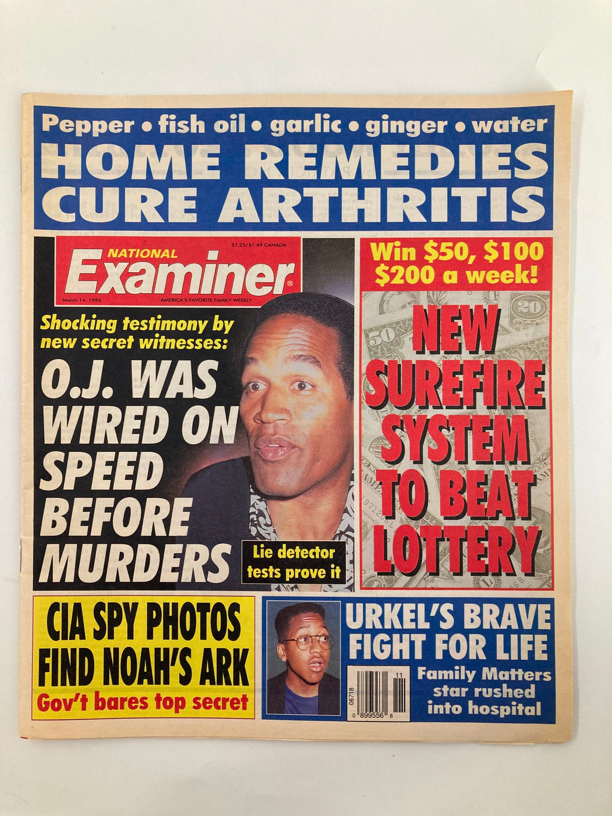 Cover of National Examiner Tabloid dated March 14, 1995 featuring O.J. Simpson with the headline 'O.J. Was Wired on Speed Before Murders'. This magazine discusses lie detector tests and includes articles on various topics such as lottery systems and celebrity news.