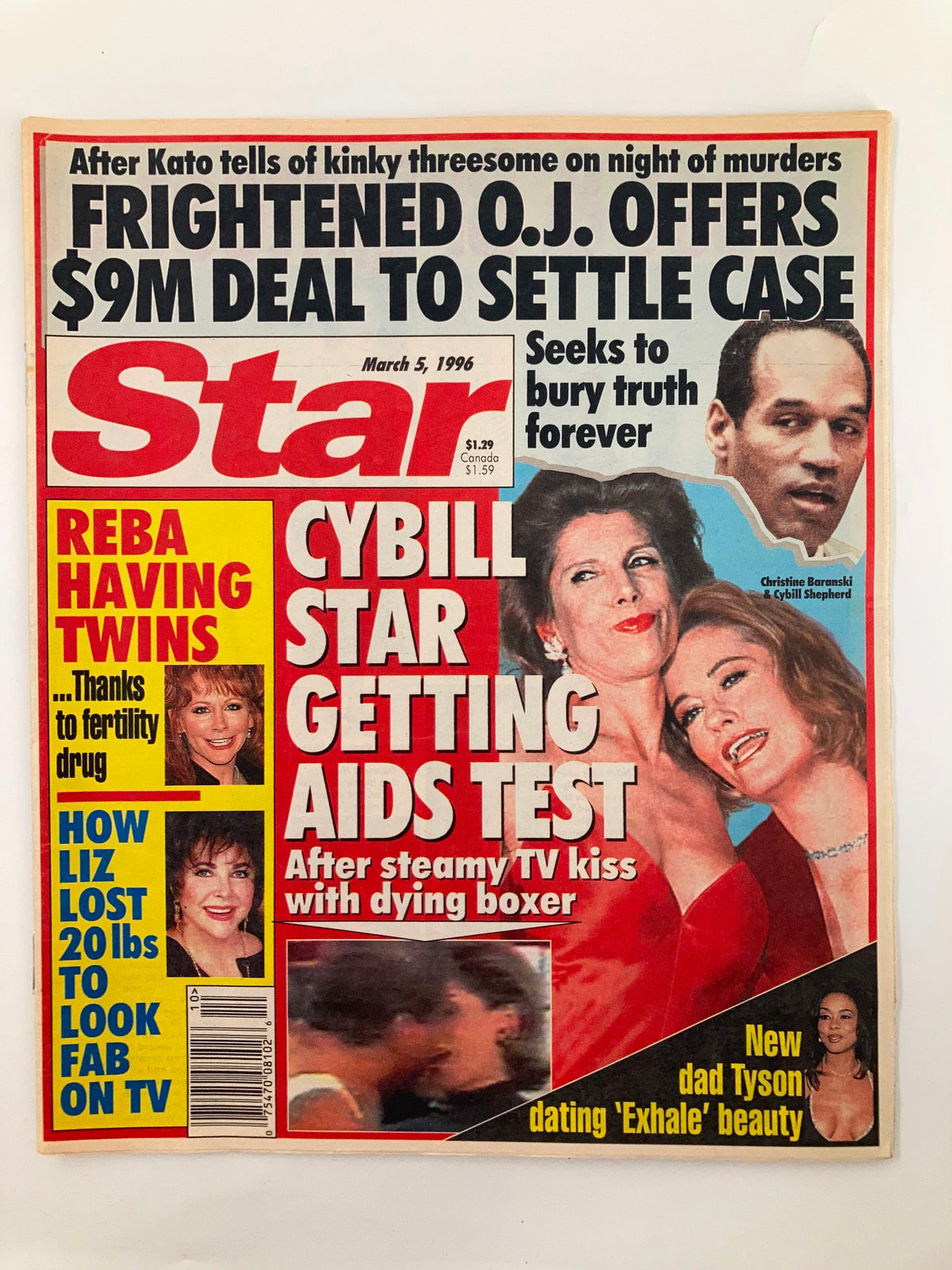 Star Tabloid Magazine cover from March 5, 1996 featuring Christine Baranski and Cybill Shepherd, along with headlines about O.J. Simpson and celebrity news, in very good condition with protective covering.