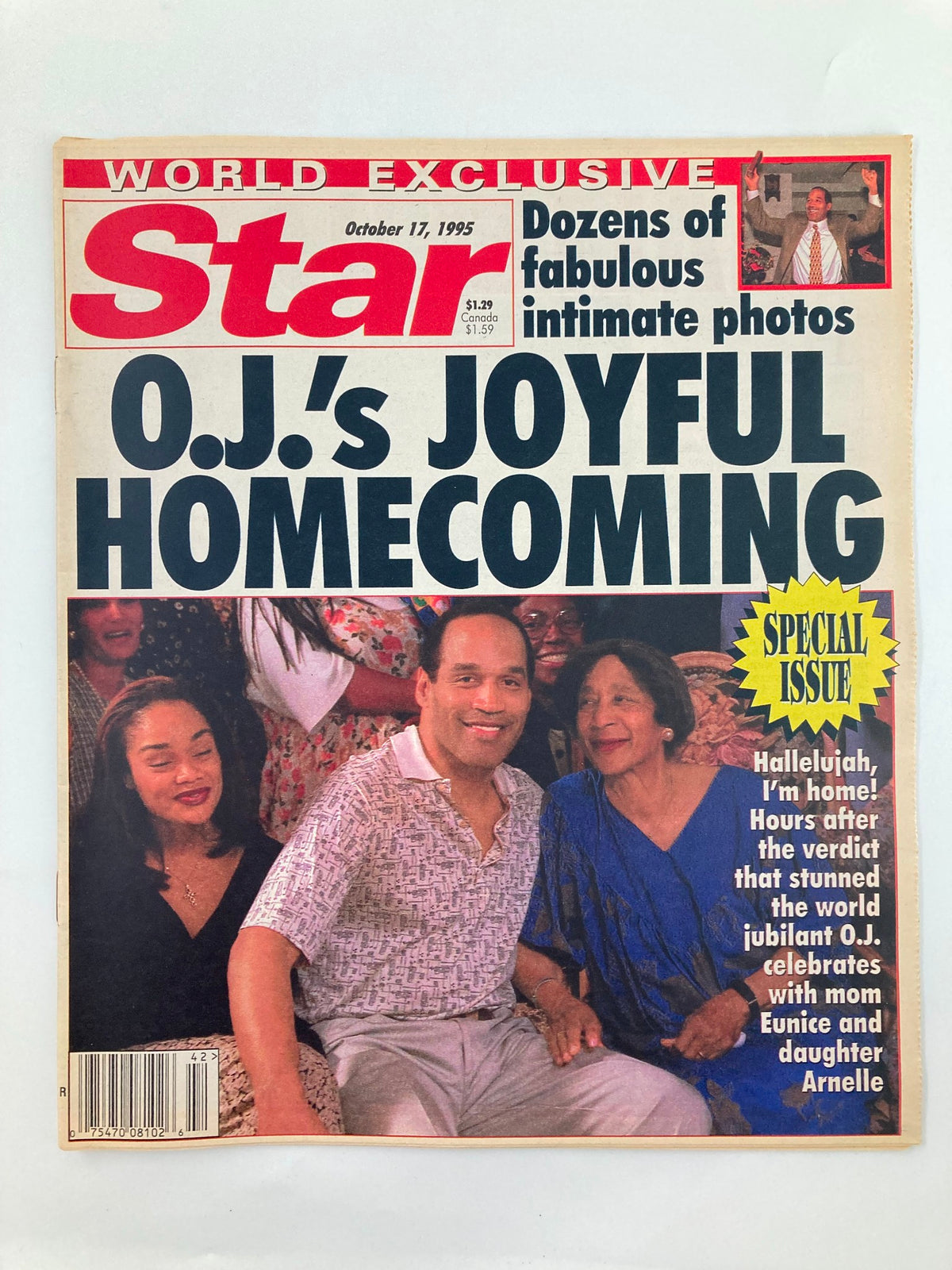 Cover of Star Tabloid Magazine from October 17, 1995, featuring the headline 'O.J.'s Joyful Homecoming' with images of O.J. Simpson, his mother Eunice, and daughter Arnelle, highlighting a special issue after the verdict that captured national attention.