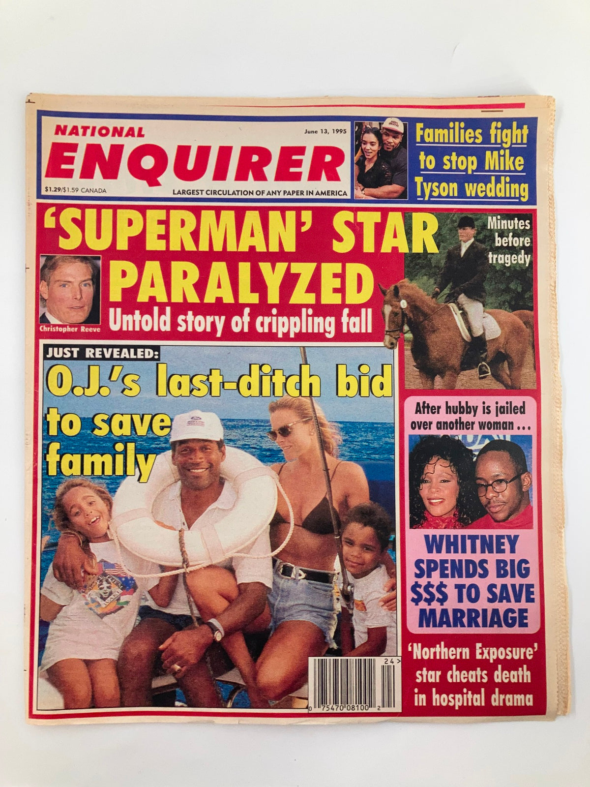 National Enquirer Tabloid from June 13, 1995 featuring the title 'Superman Star Paralyzed: Untold Story of Crippling Fall'. The cover includes various headlines and images related to celebrity news, showcasing a family in the foreground and a colorful layout.