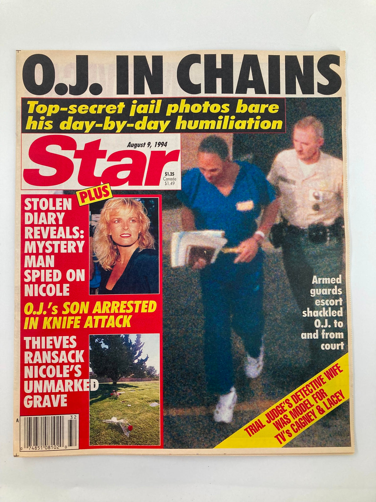 Cover of Star Tabloid Magazine from August 9, 1994, featuring O.J. Simpson in chains, with headlines about his court proceedings and personal life. A must-have collectible for true crime and celebrity culture enthusiasts.