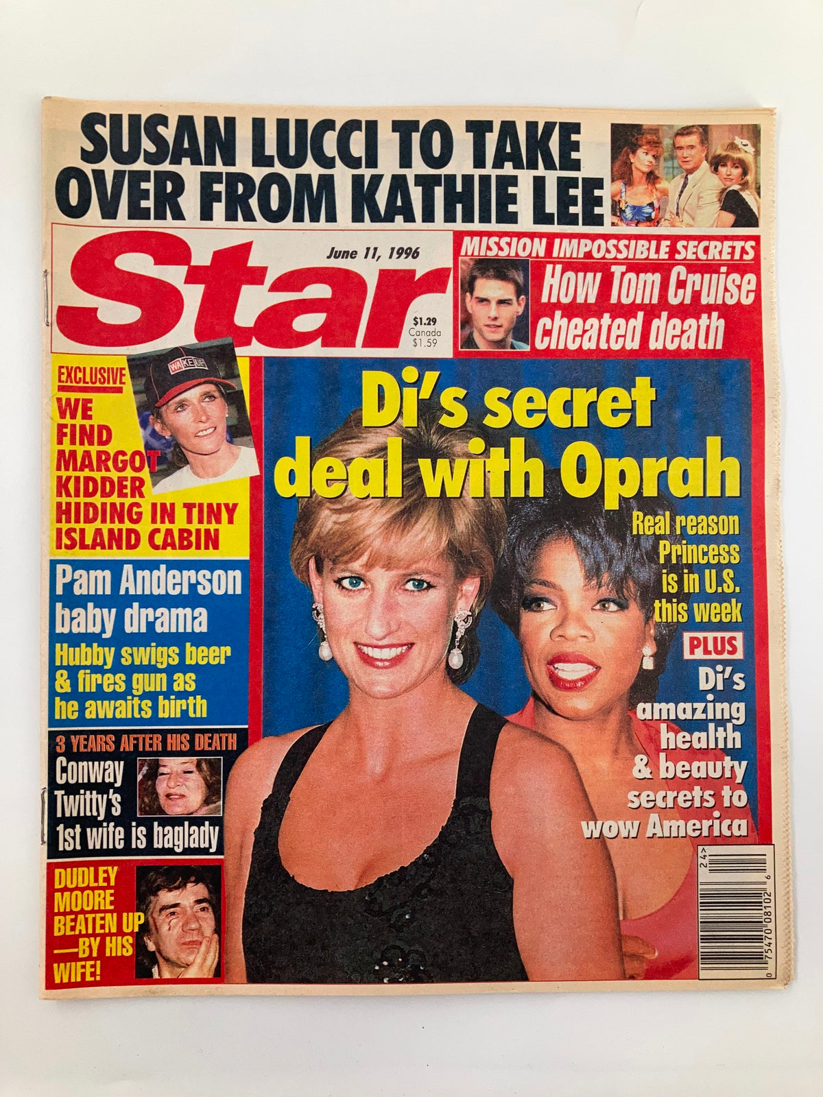 Star Tabloid Magazine, June 11, 1996 edition featuring Oprah Winfrey and Princess Diana on the cover, highlighting Di's secret deal with Oprah and celebrity news, in very good condition with plastic protective covering.
