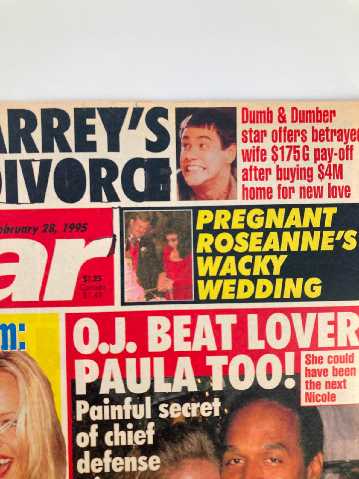 Top section of Star Tabloid Magazine February 28 1995, featuring headlines about Jim Carrey's divorce, Roseanne's wedding, and more, capturing mid-90s celebrity culture.