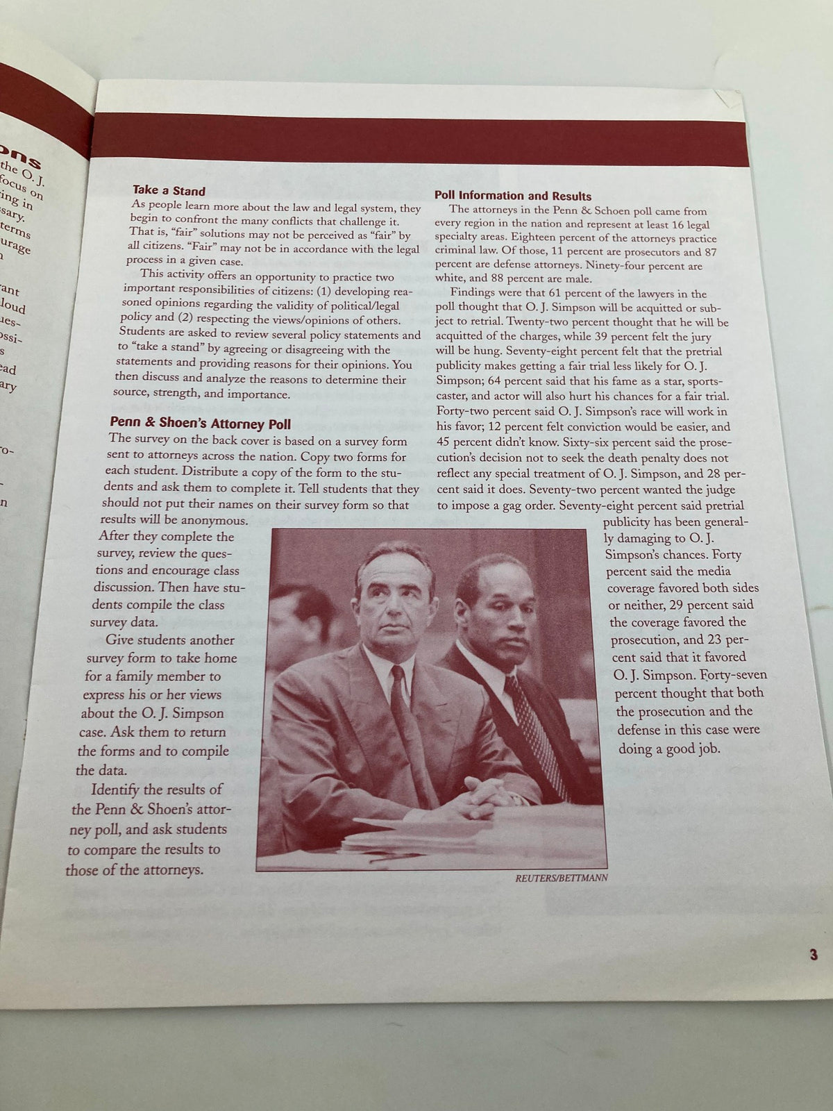 Page from 'On Trial in California: The O.J. Simpson Case' featuring a poll about the perceptions of the trial by lawyers.